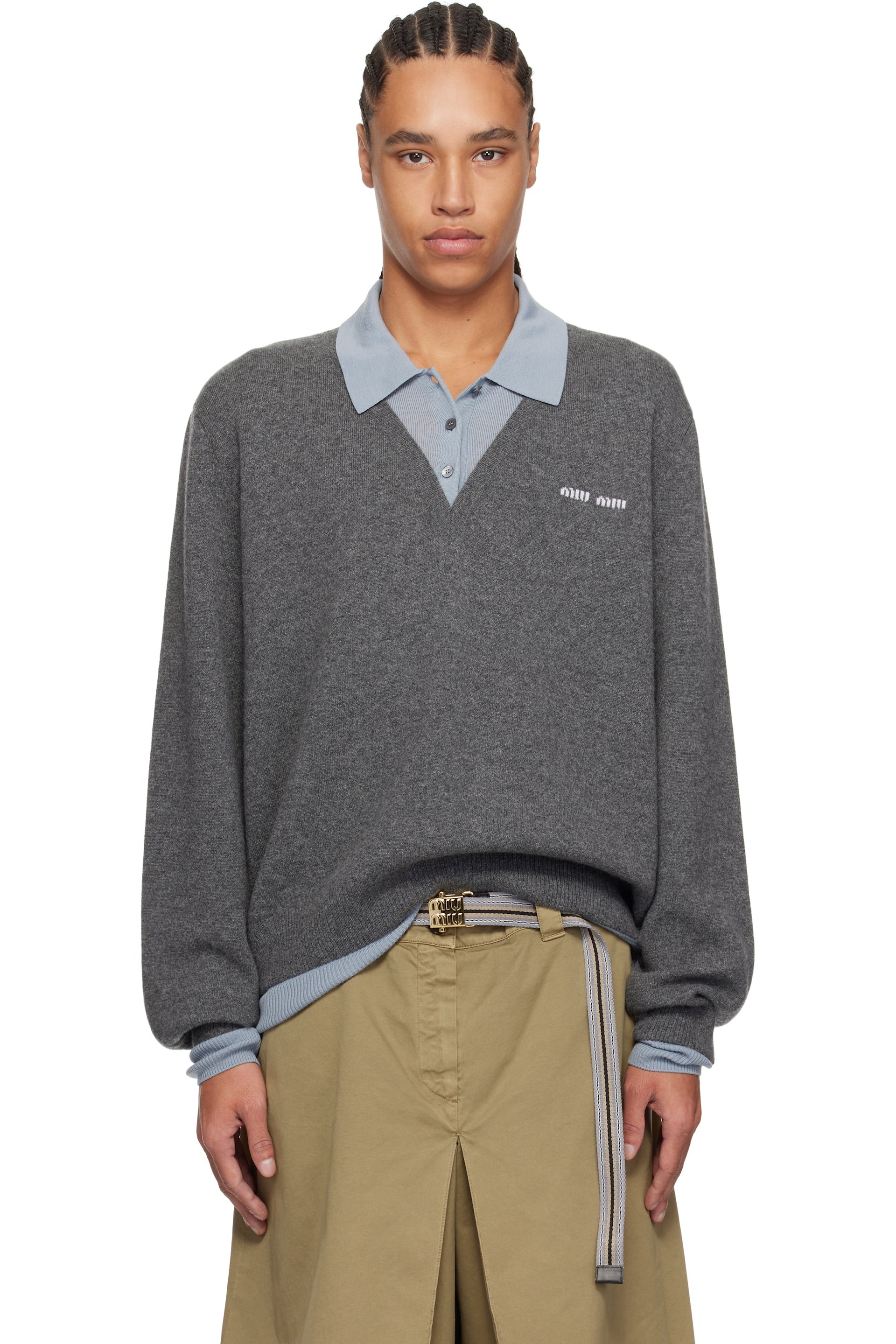 Miu Miu - Pull de style polo gris en cachemire et laine
