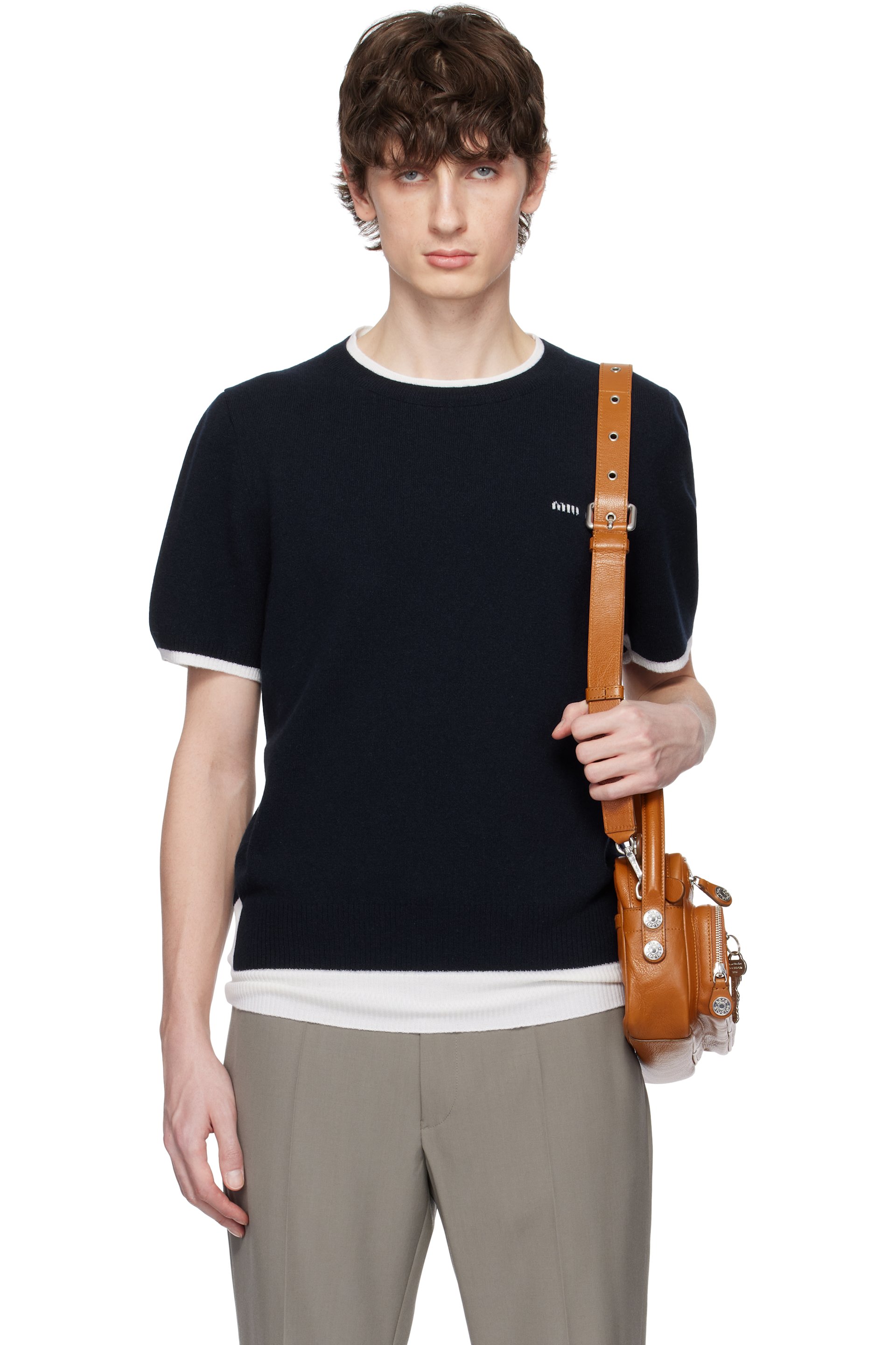 Miu Miu - T-shirt bleu marine en cachemire et laine à col ras du cou