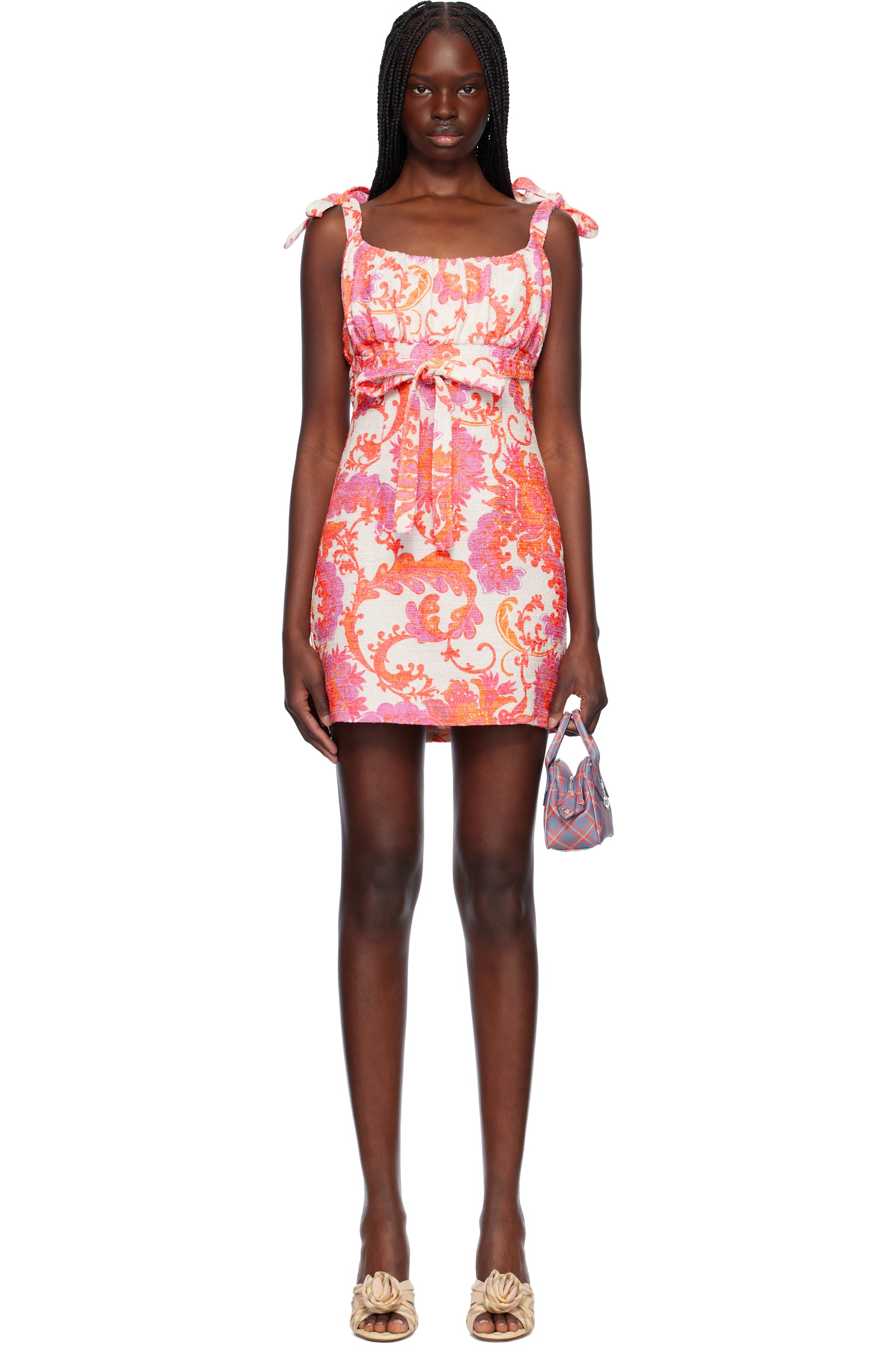 Anna Sui - Robe courte blanc cassé et rose en lin à motif fleuri à nouer