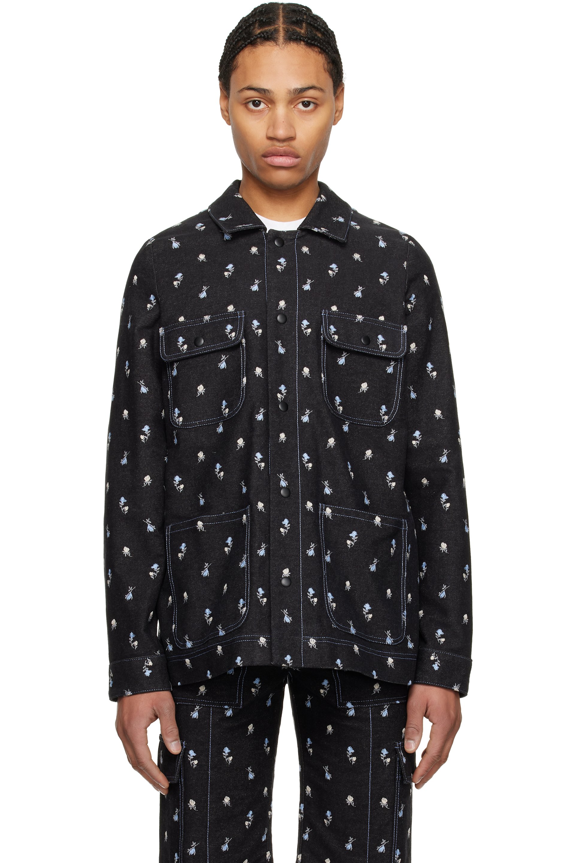 Anna Sui - Black Embroidered Roses Barn Denim Jacket
