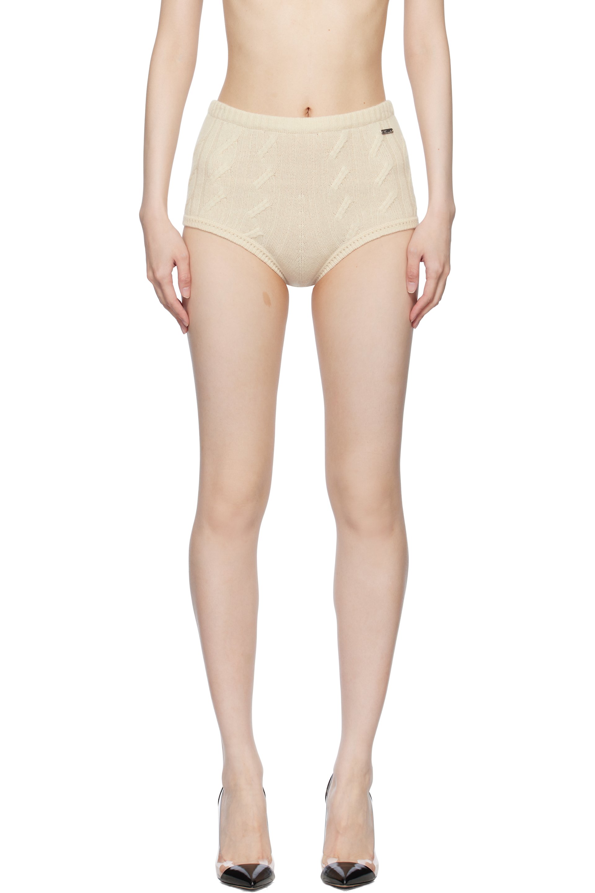 Blumarine - Short blanc cassé en tricot câblé tressé