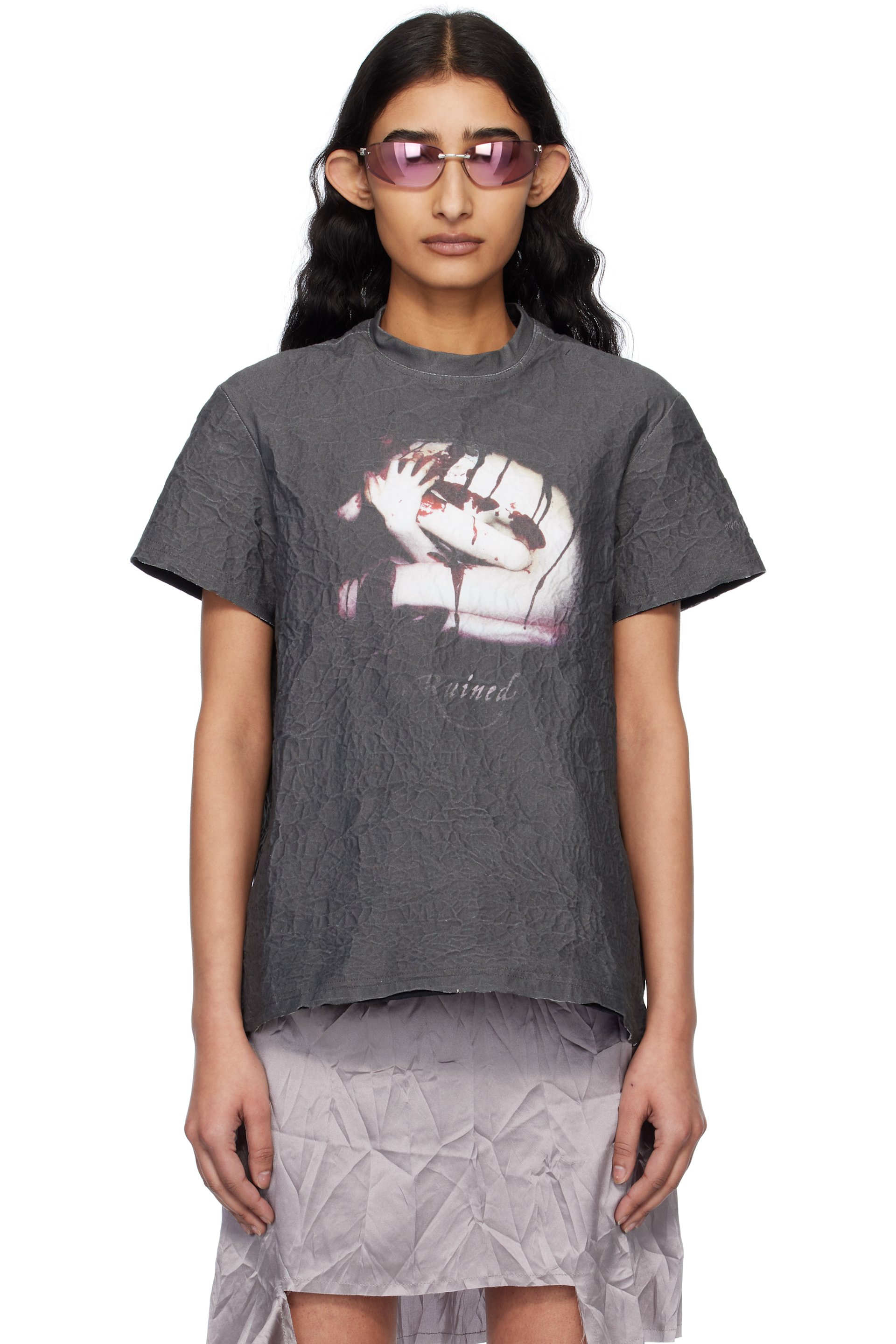 Liza Keane - T-shirt gris en aluminium thermofixé