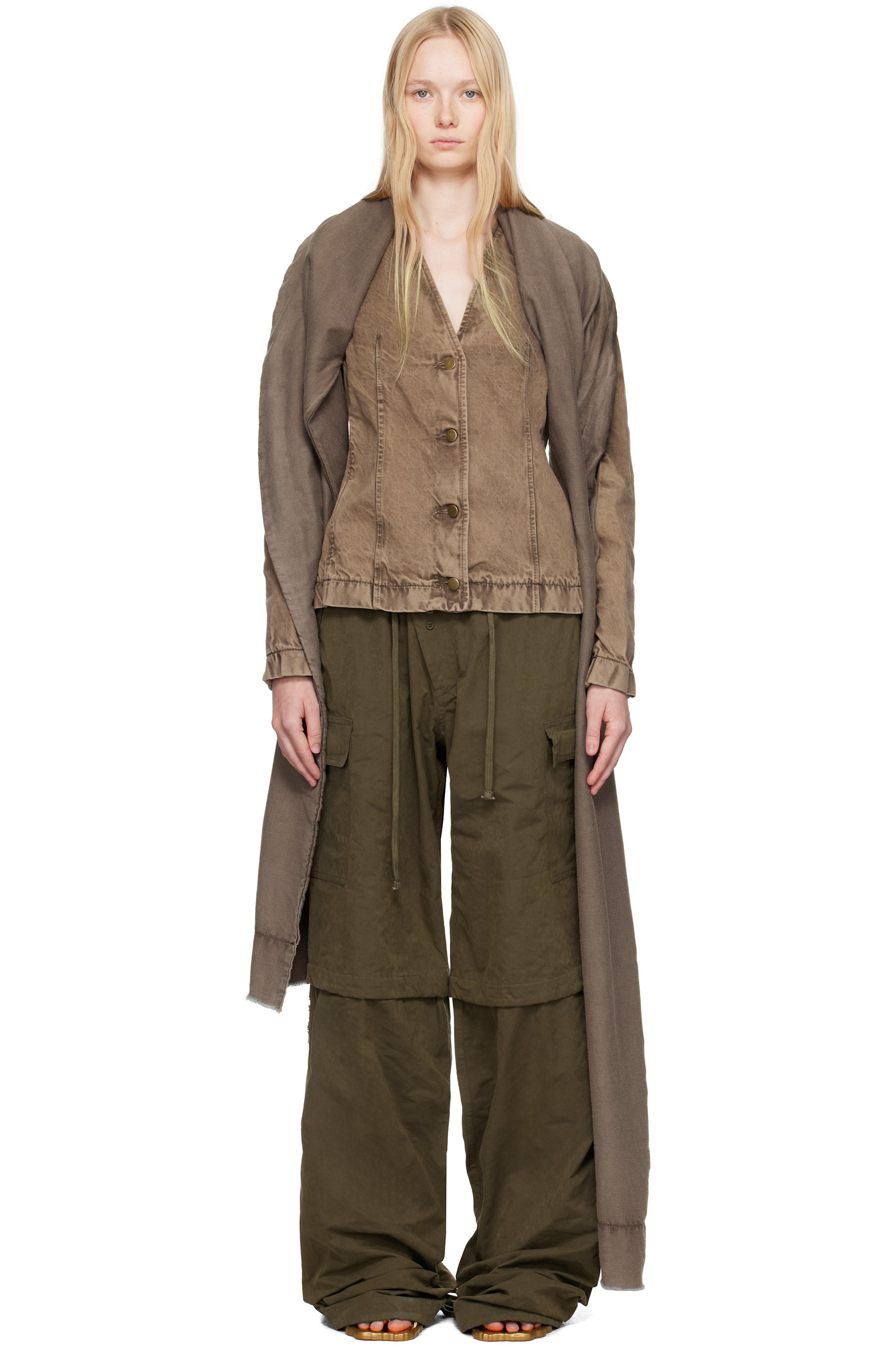 Masha Popova - Blouson asymétrique brun en denim à garniture de style foulard exclusif à SSENSE