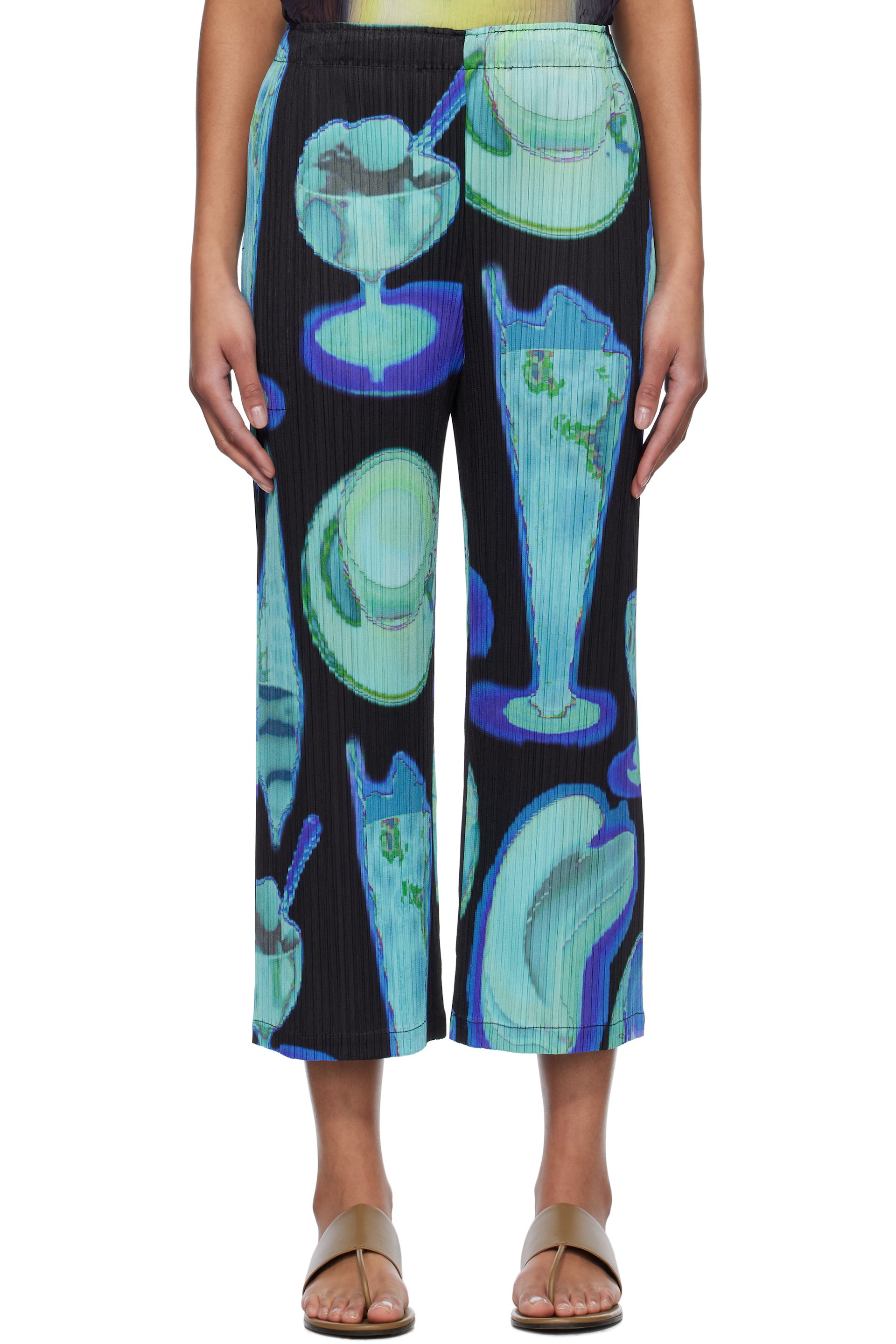 PLEATS PLEASE ISSEY MIYAKE - Pantalon noir et bleu à motif graphique