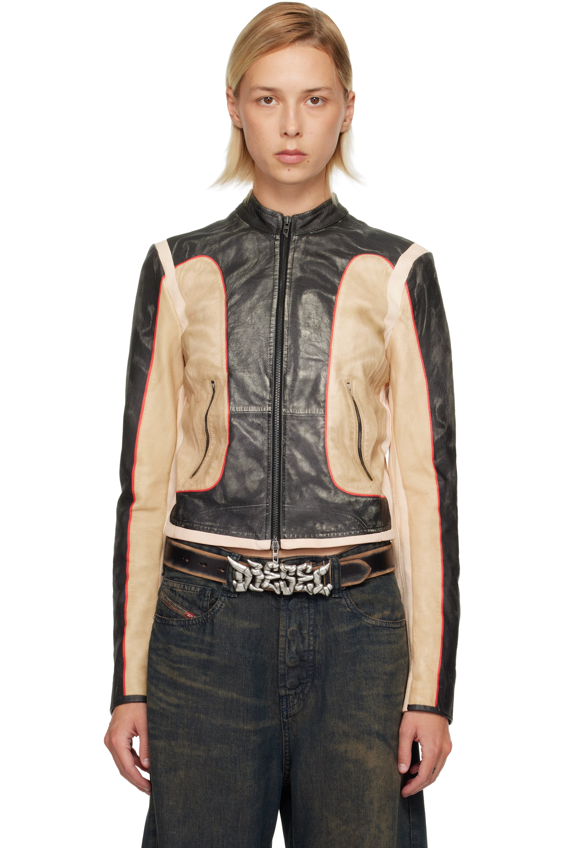 Diesel - Blouson Oonie noir et beige en cuir