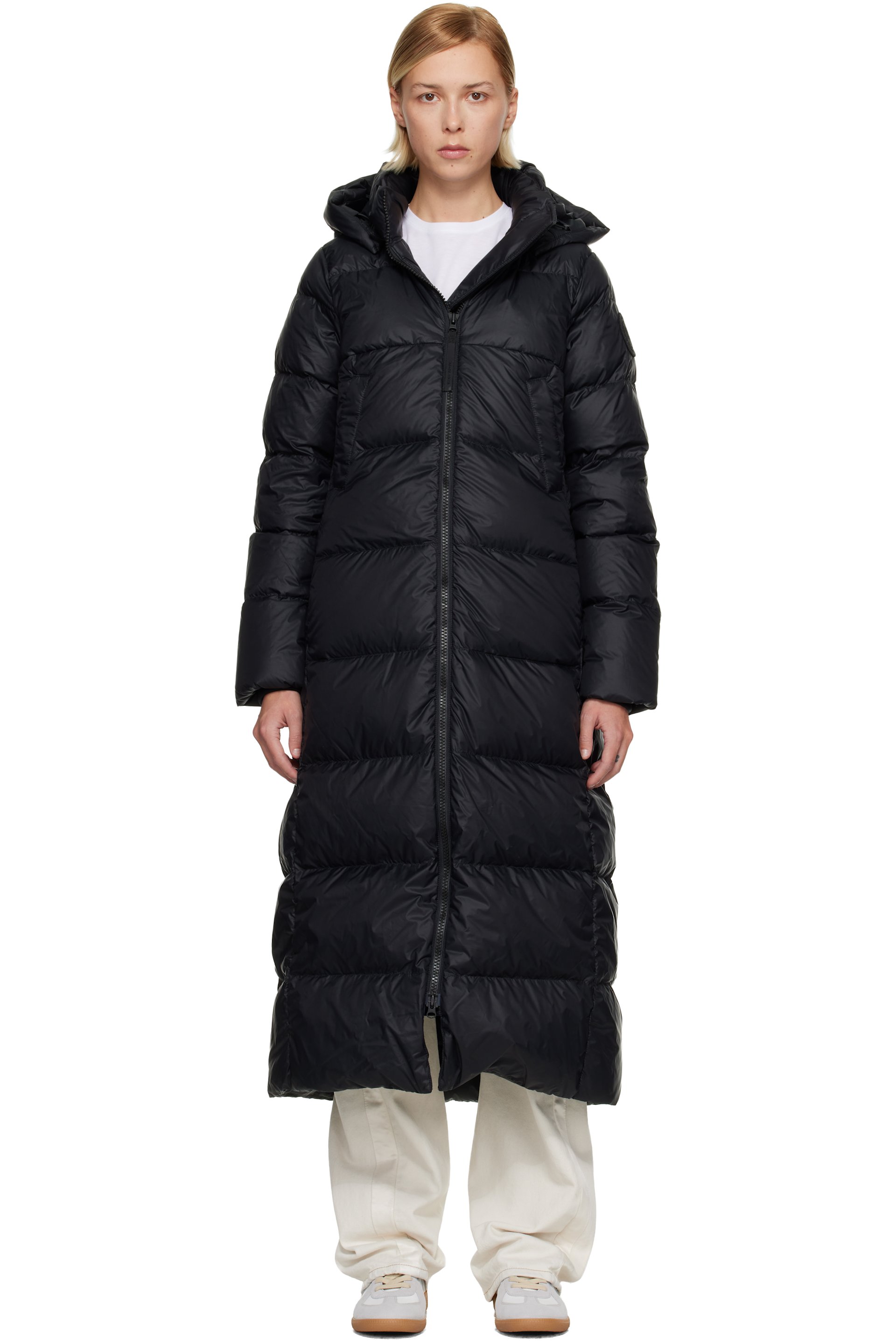 Canada Goose: Black 'Tonal Label' Mystique Down Coat | SSENSE Canada