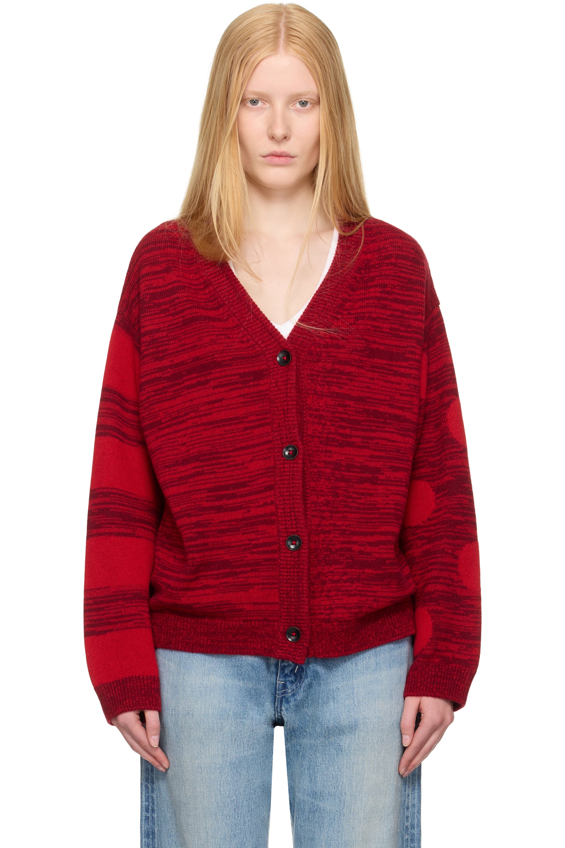 The Elder Statesman - Cardigan rouge à image de cygnes, à pois et à rayures