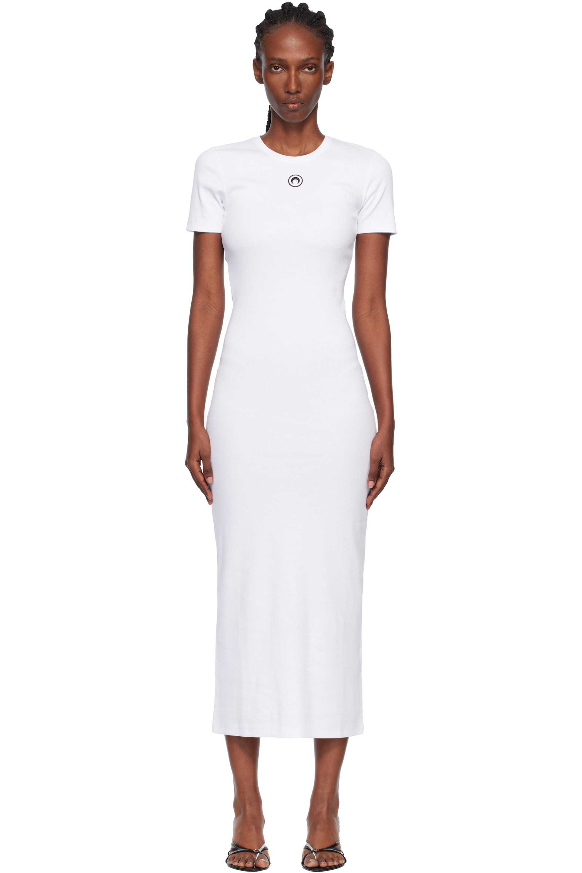 Marine Serre - Robe tube longue blanche en jersey côtelé à logo de lune