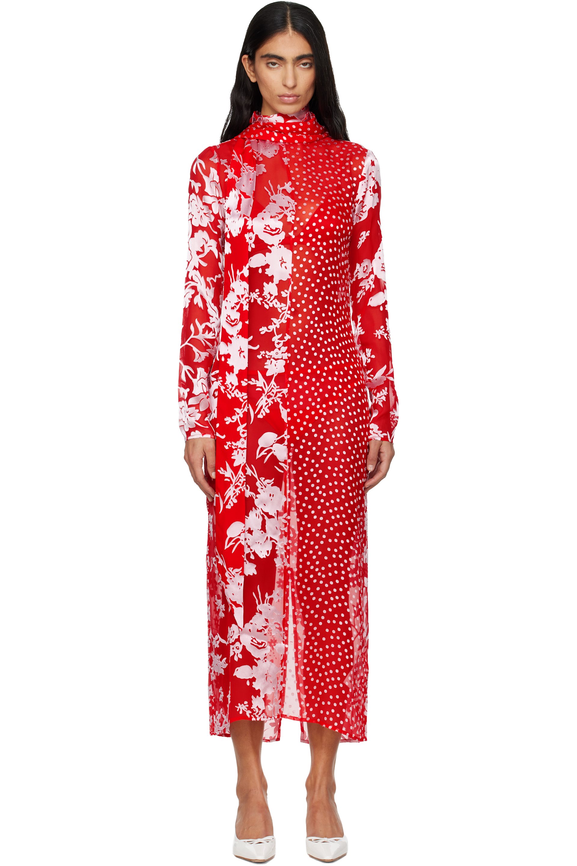 Marine Serre - Robe longue à manches longues en foulards de soie suprarecyclés