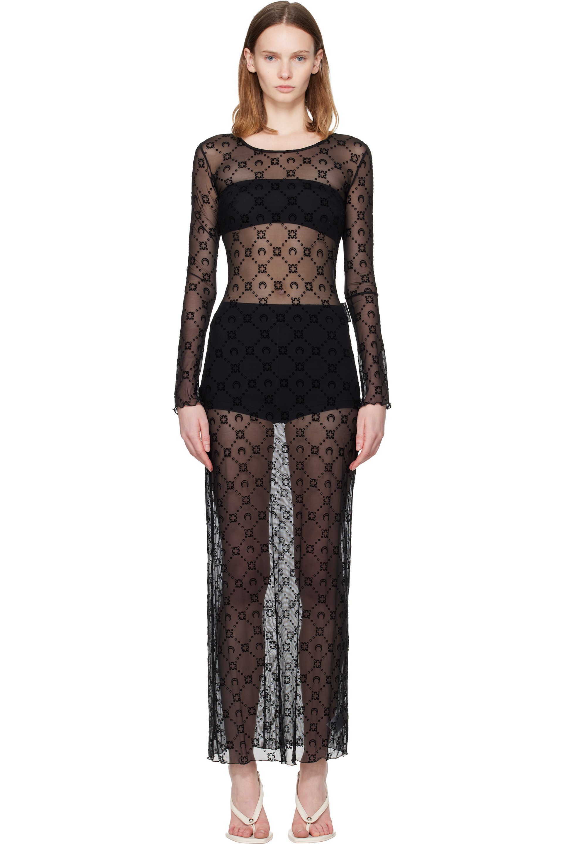 Marine Serre - Robe longue noire en filet à motif Moonogram floqué