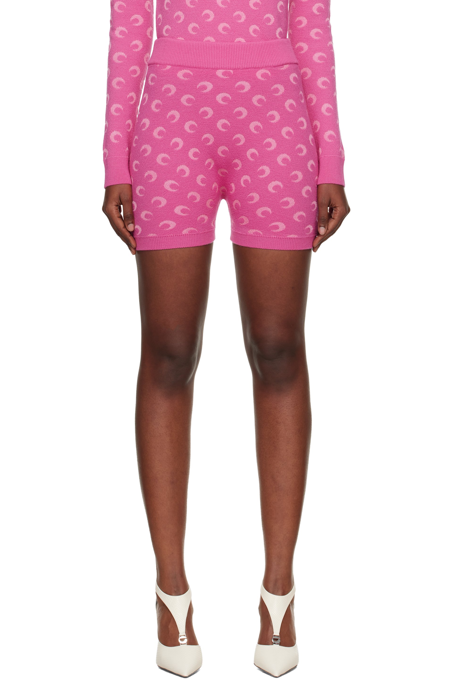 Marine Serre - Short rose en tricot à motif à logos en jacquard