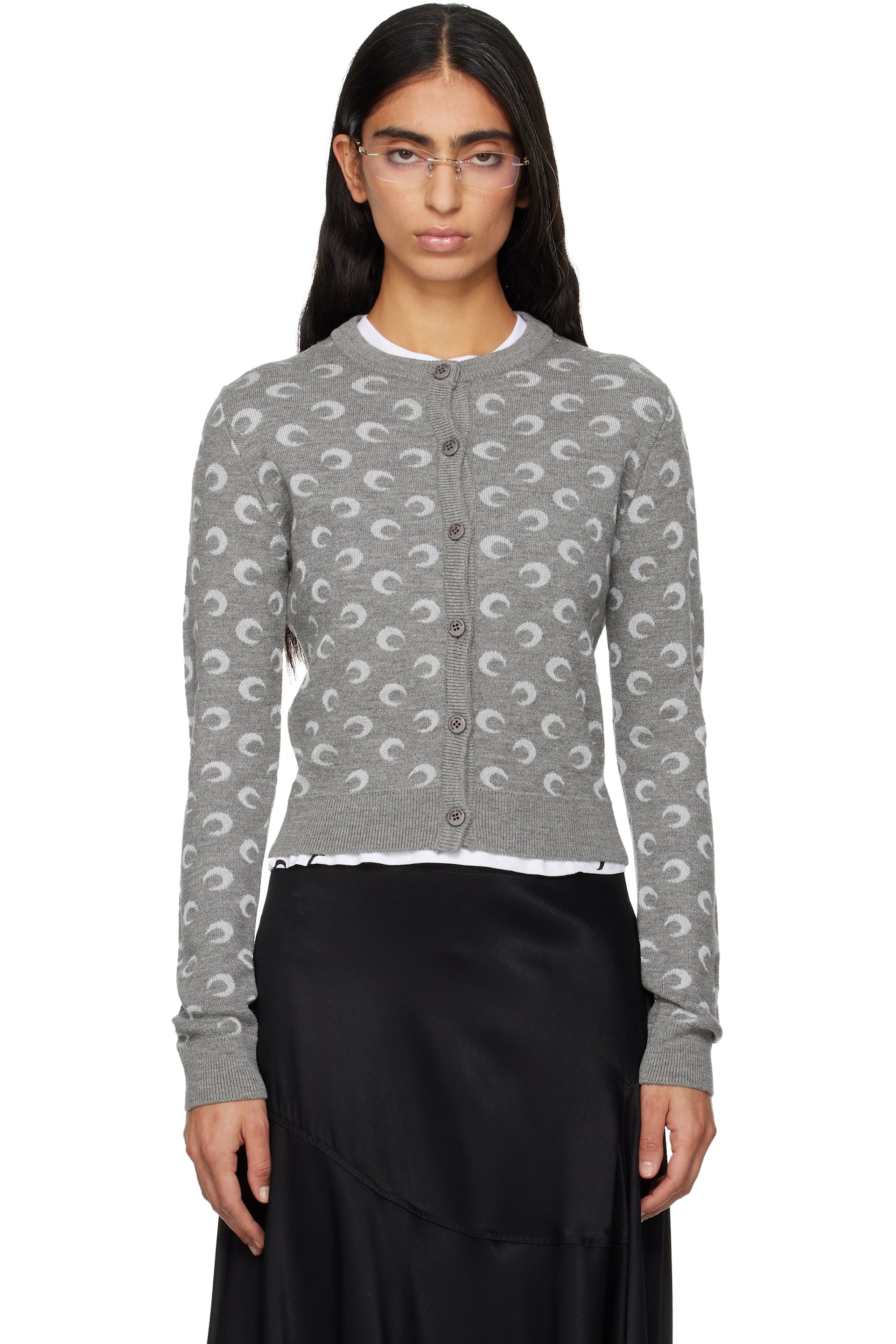 Marine Serre - Cardigan ajusté gris à motif à logos en jacquard