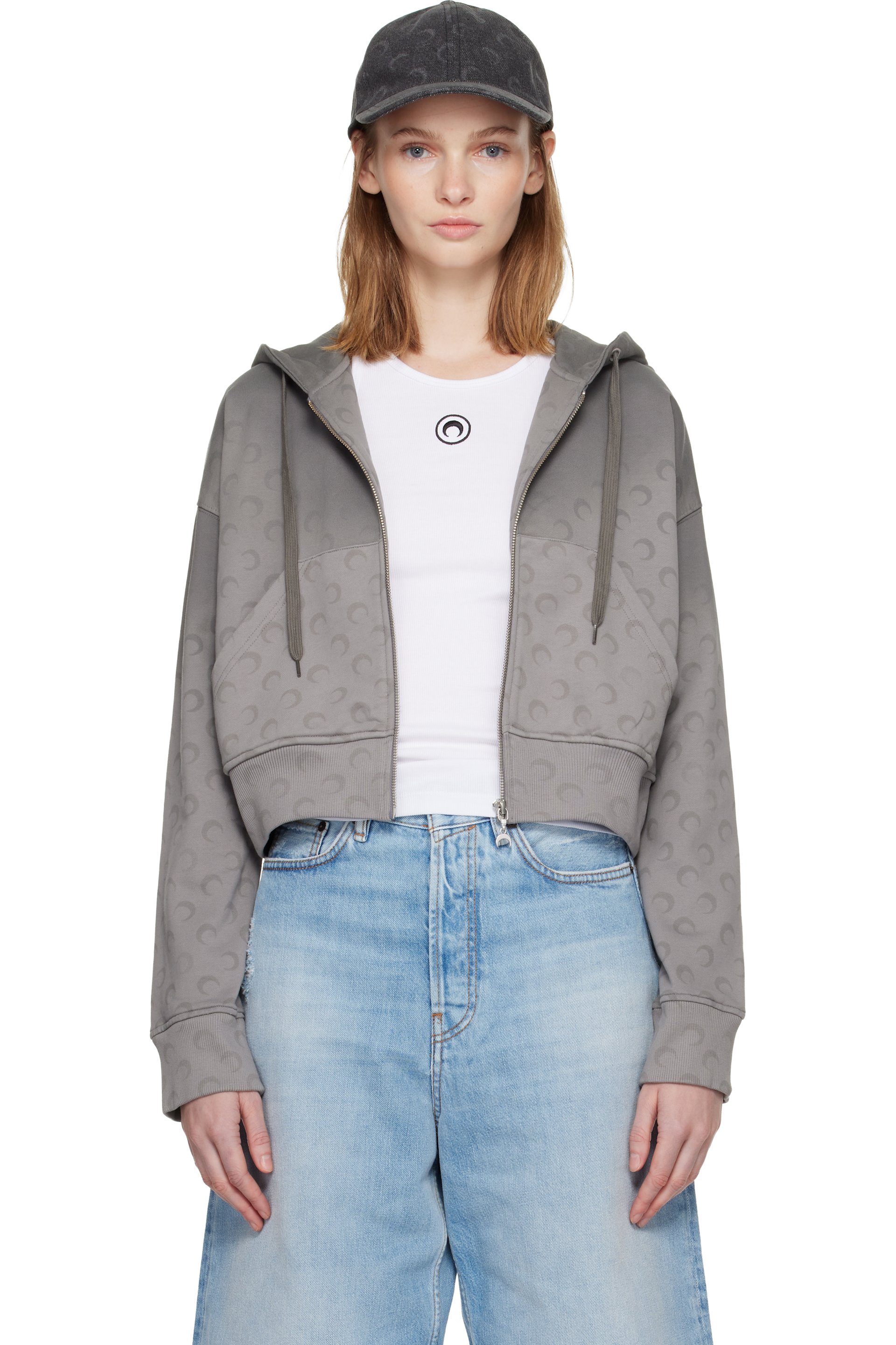 Marine Serre - Pull à capuche écourté gris à logos de lune et à glissière