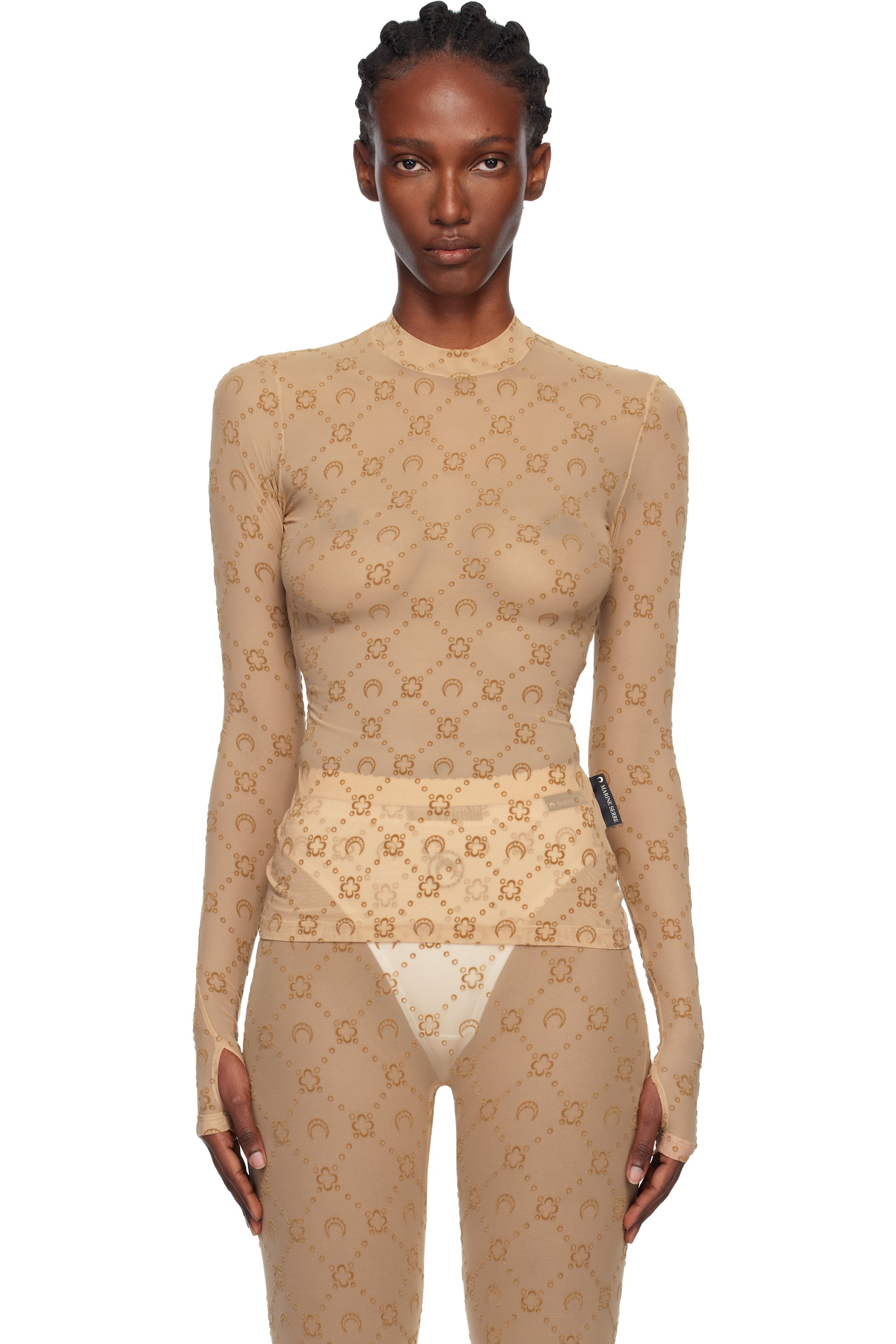 Marine Serre - Tan Recycled Mesh Flock Second Skin Highneck Top