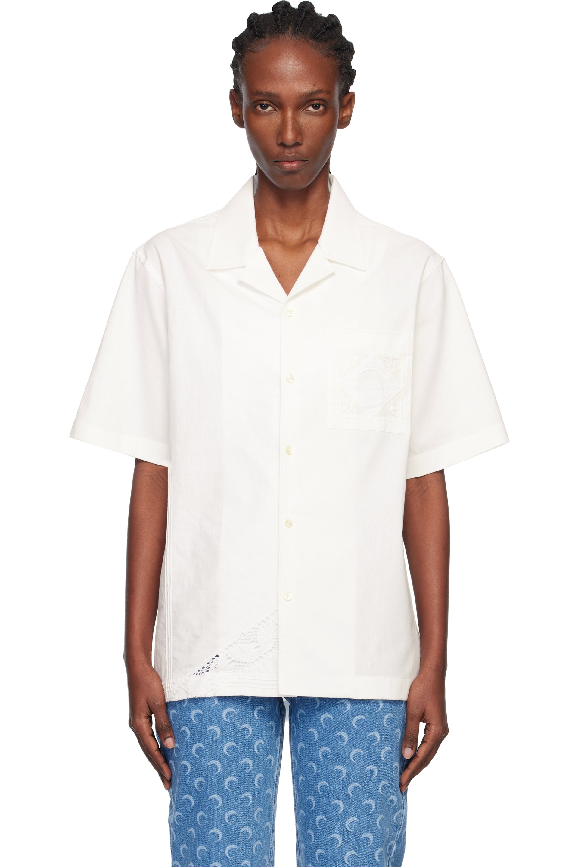 Marine Serre - Chemise de bowling blanc cassé en linges de maison suprarecyclés
