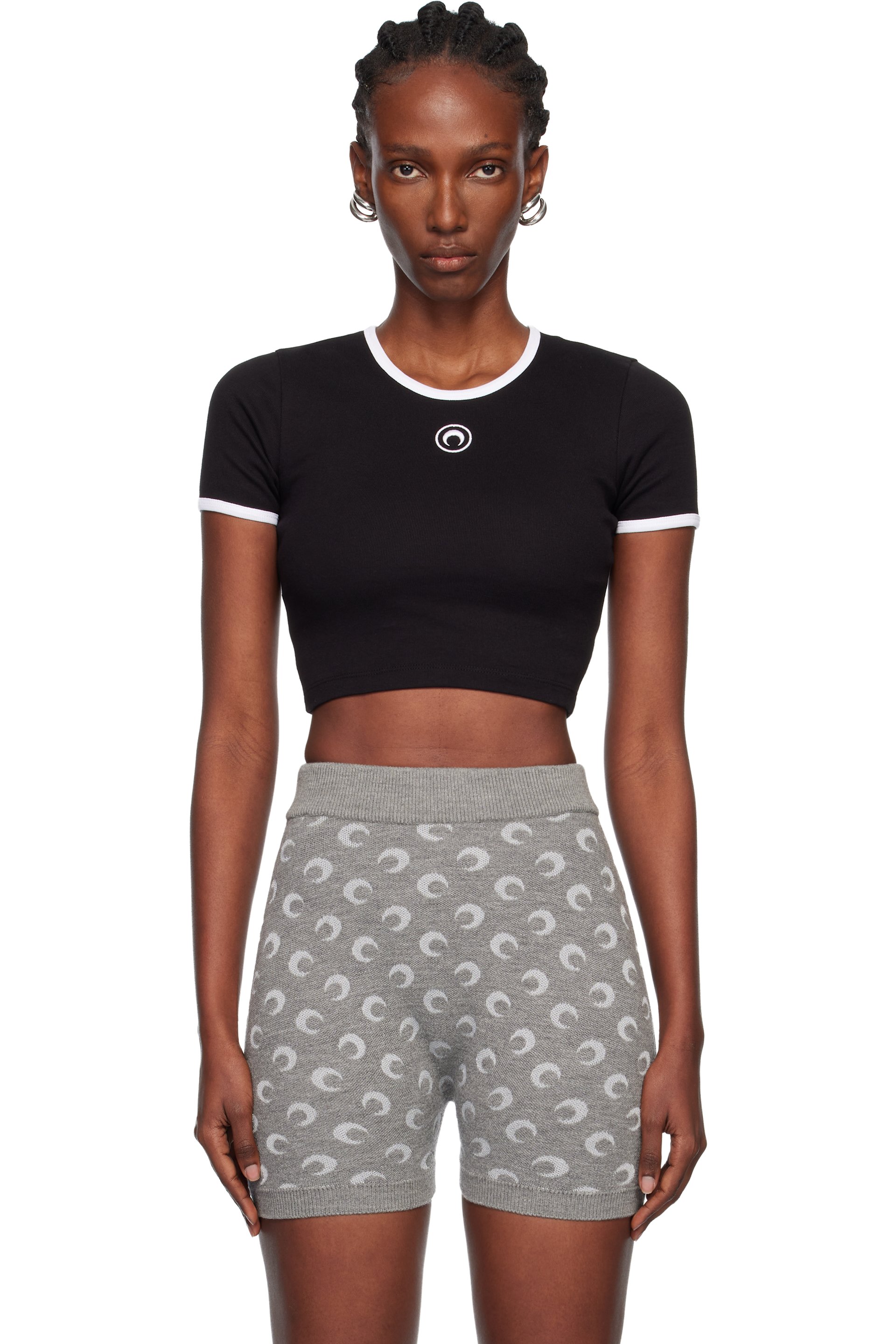 Marine Serre - T-shirt écourté noir en tricot côtelé à logos de lune