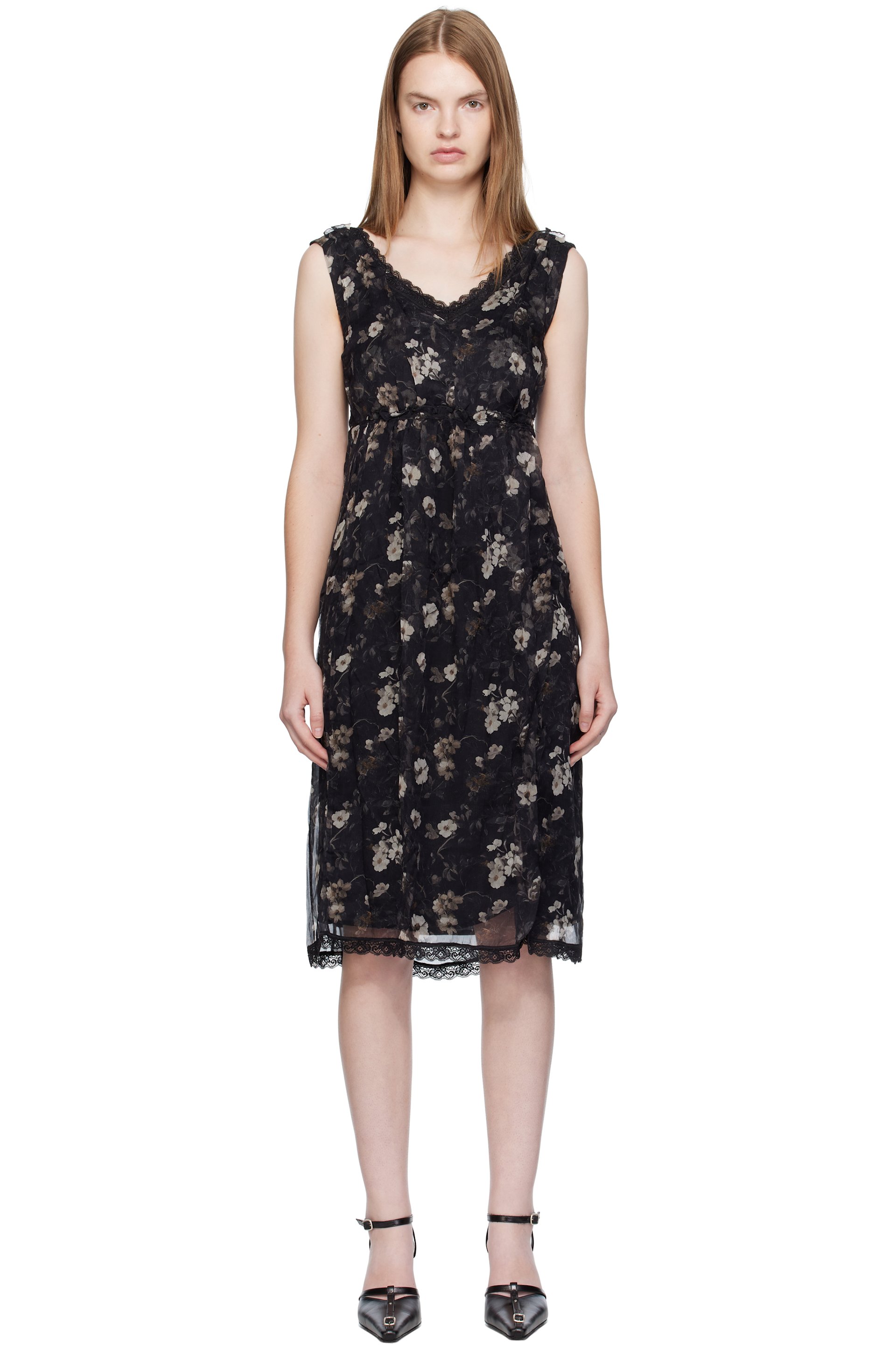 R13 - Black Sleeveless V-Neck Midi Dress