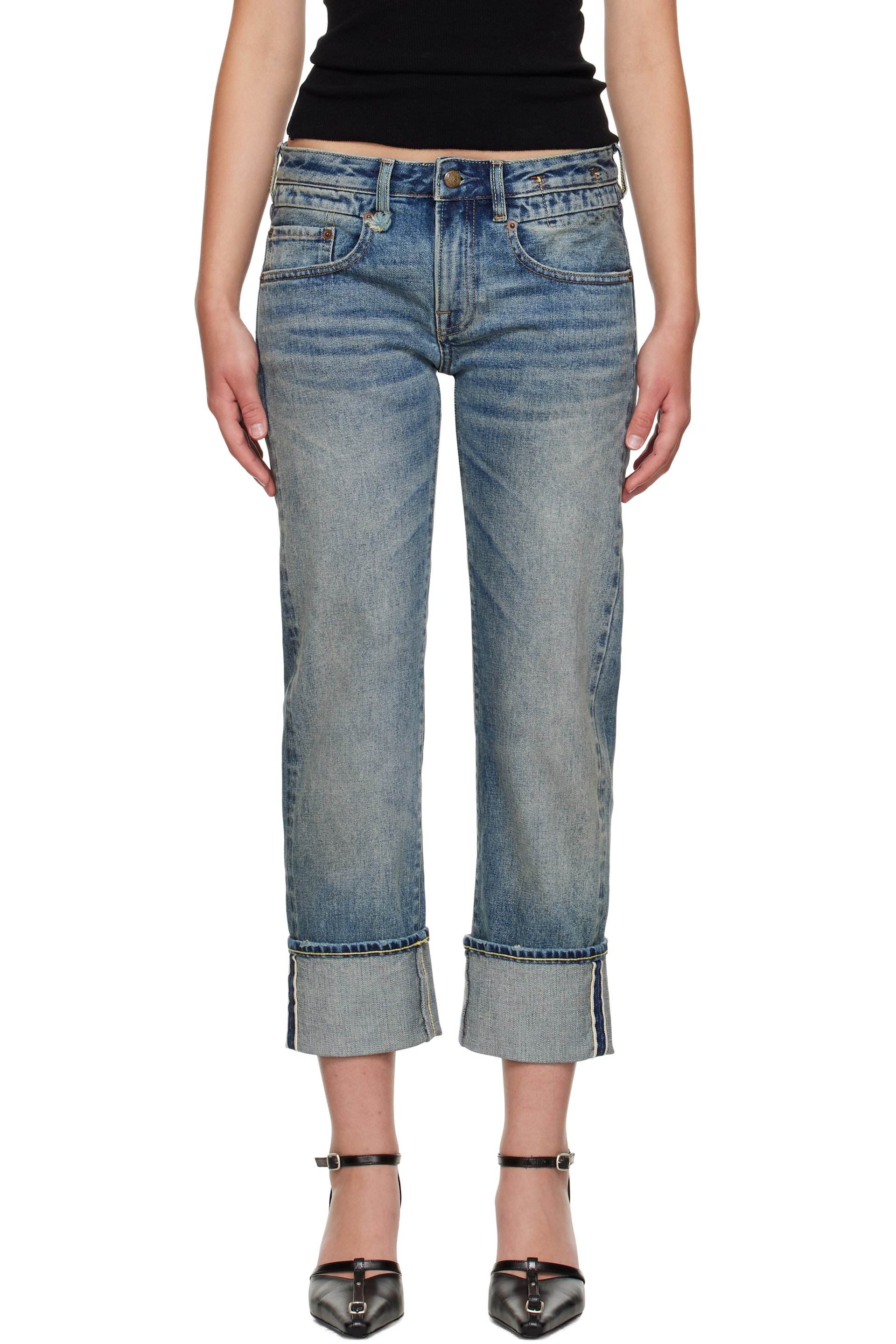 R13 - Jean boyfriend droit bleu à revers roulés