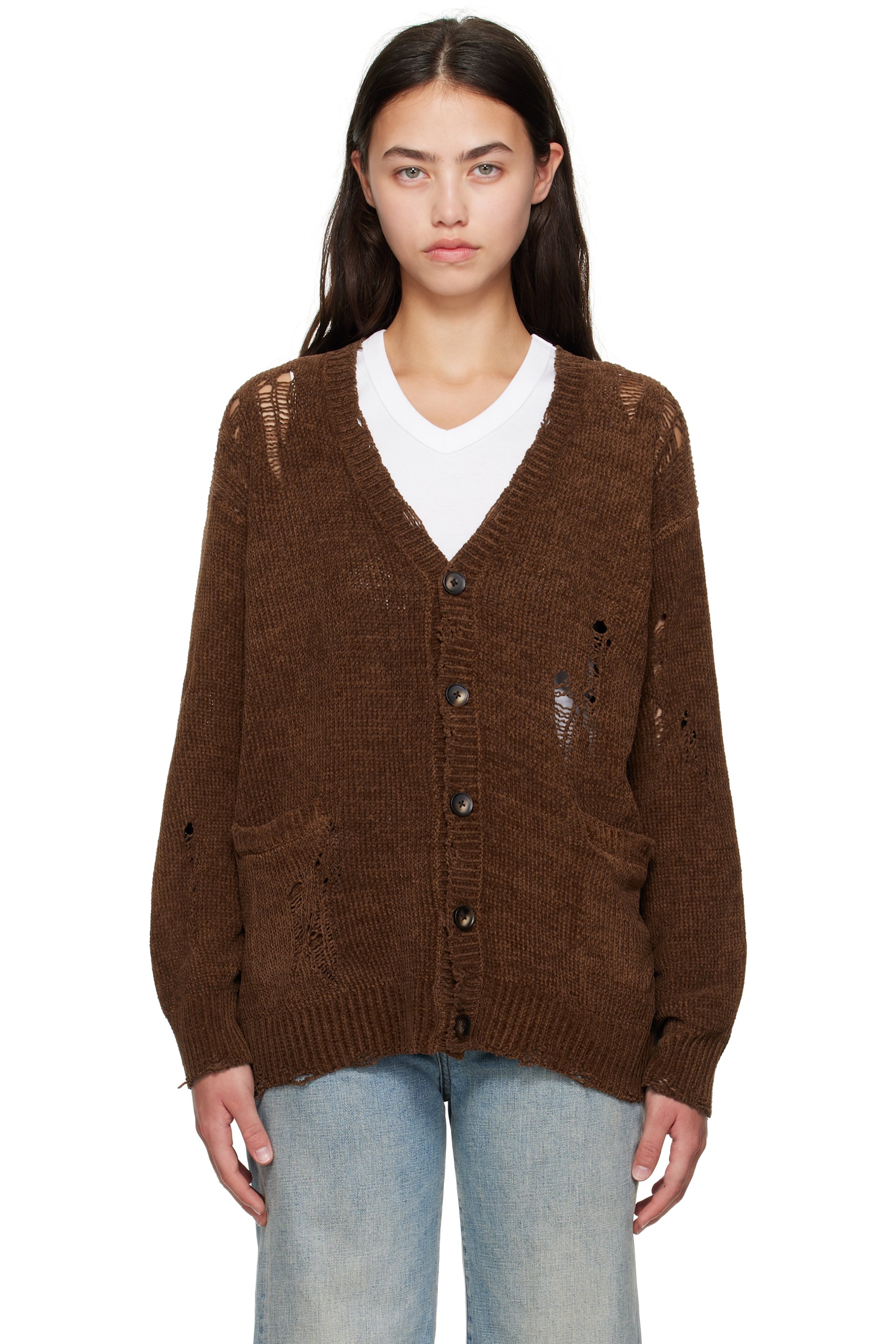 R13 - Cardigan boyfriend brun en chenille