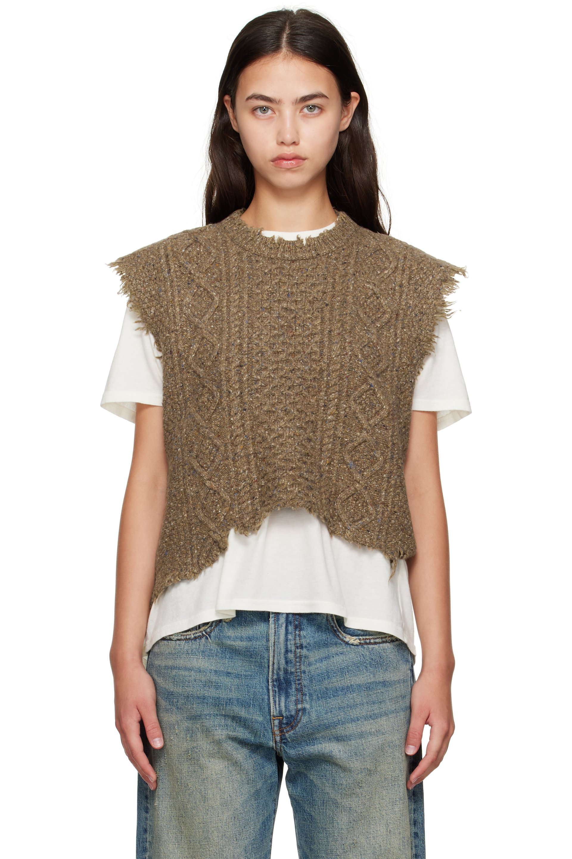 R13 - Gilet boyfriend brun en tricot câblé de laine