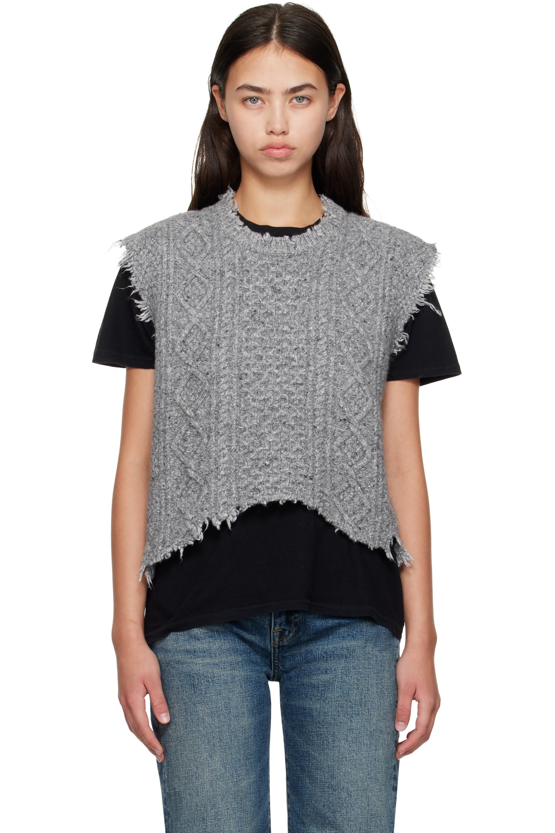 R13 - Gilet boyfriend gris en tricot câblé de laine