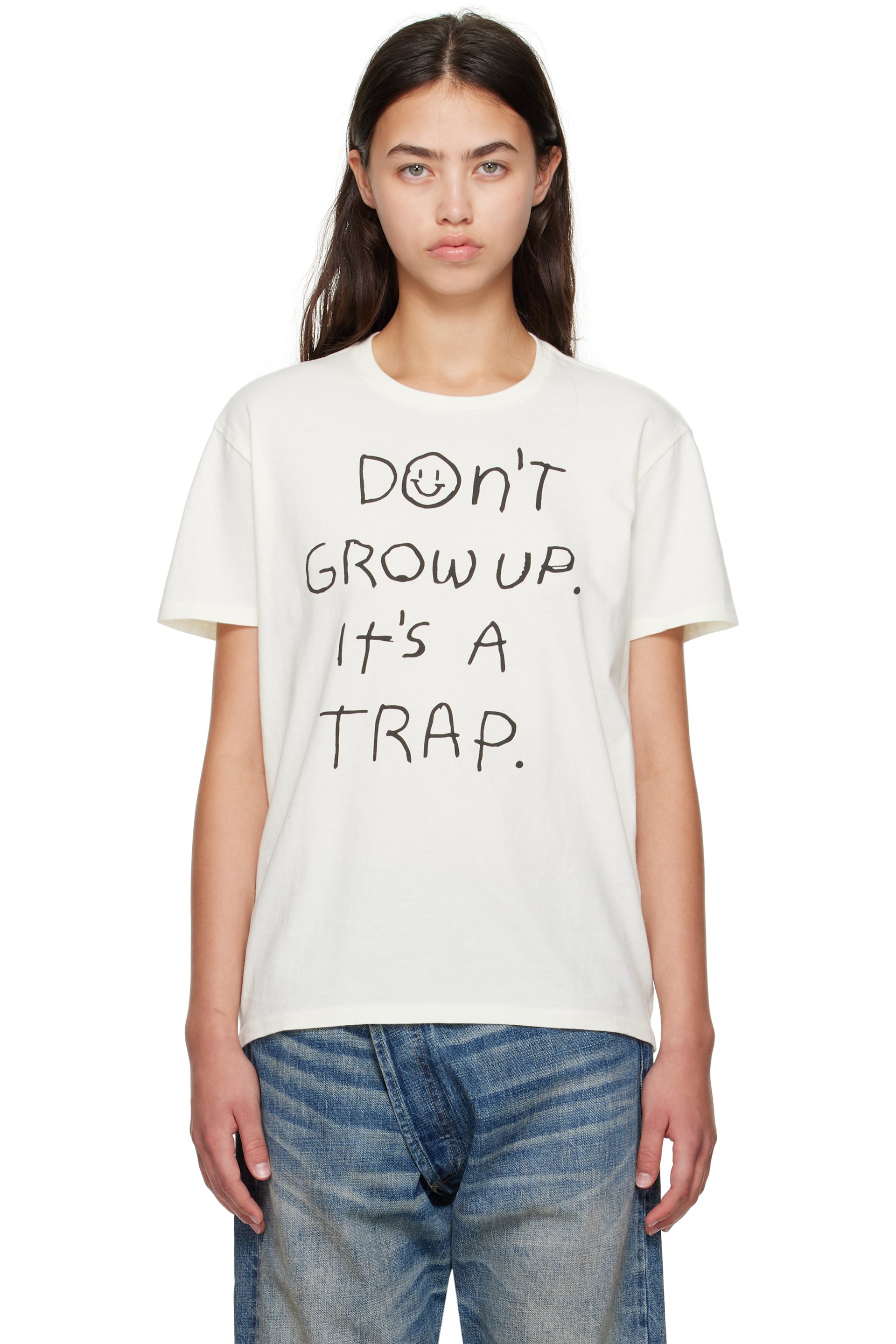 R13 - T-shirt boyfriend 'Don't Grow Up' blanc cassé