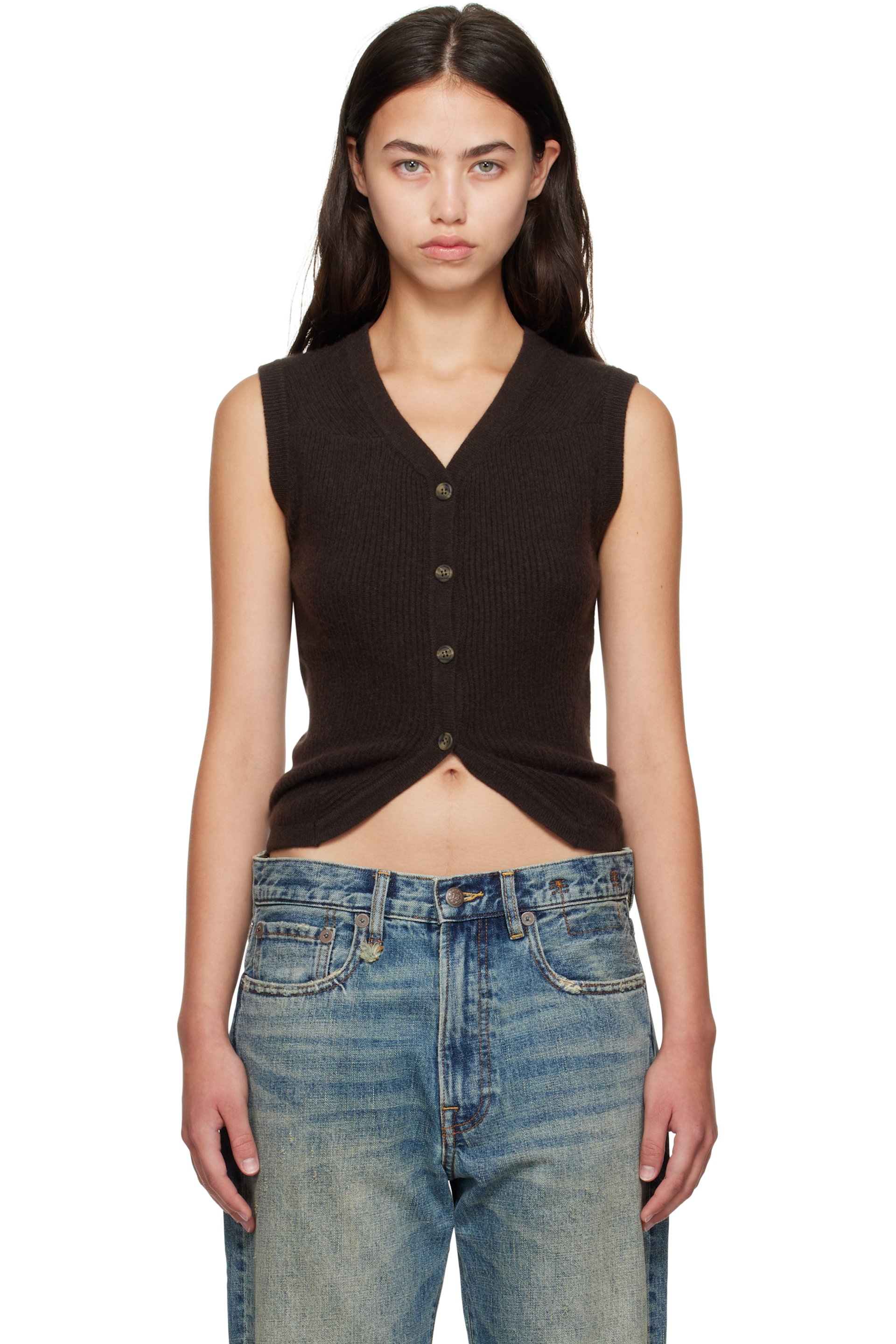 R13 - Gilet brun en tricot côtelé