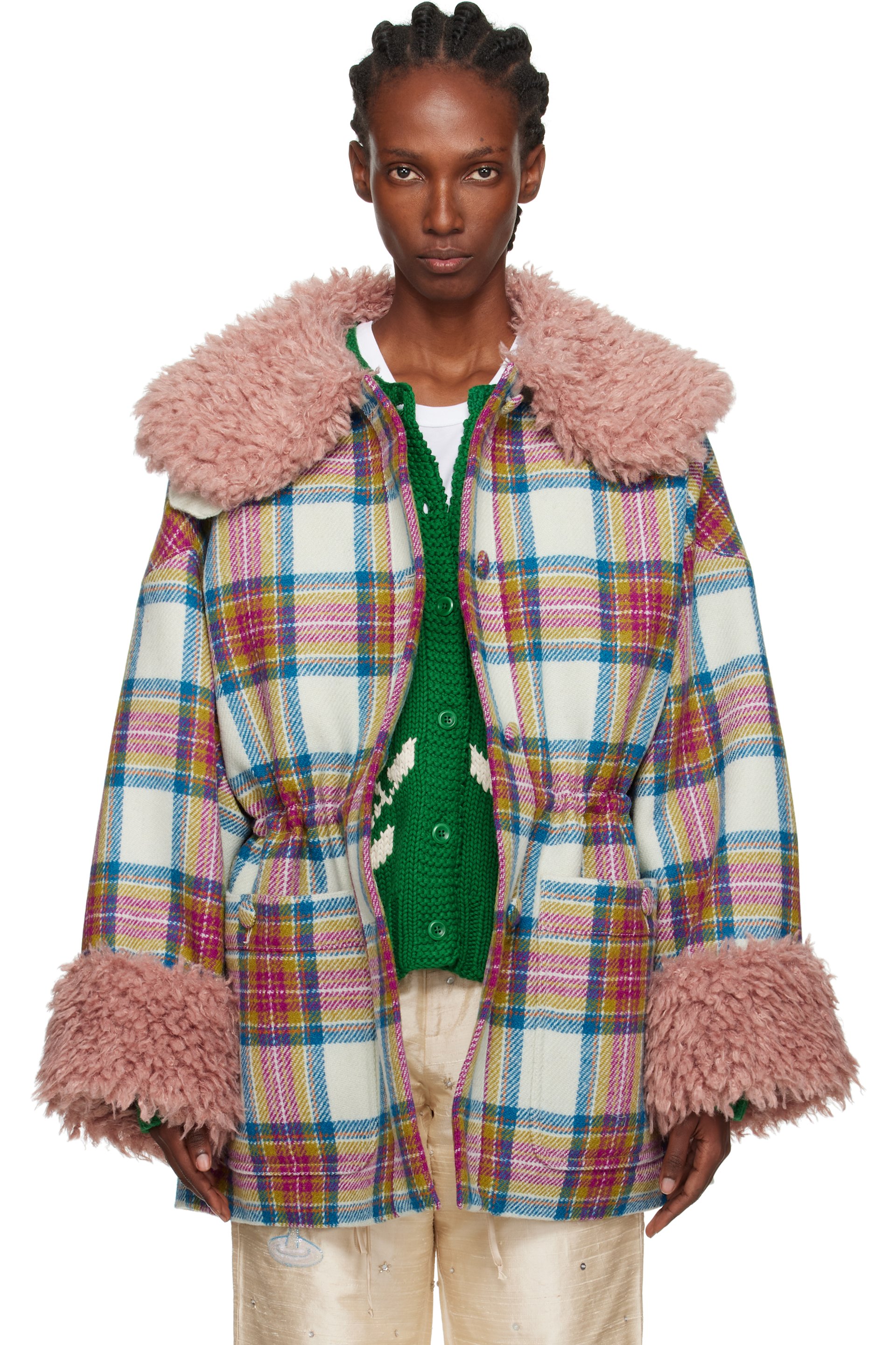 Caro Editions - Manteau Connie blanc et rose en tweed Harris