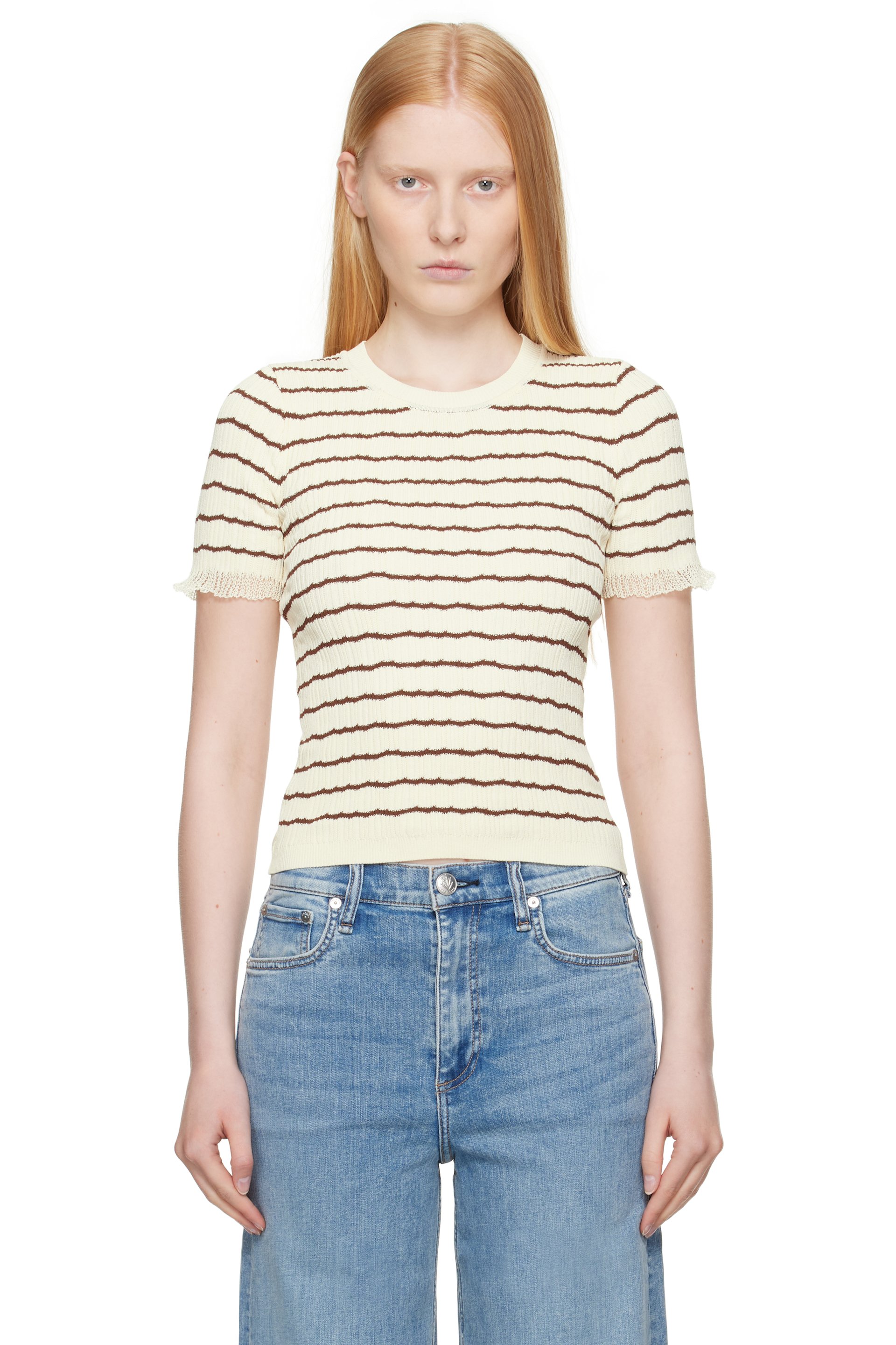 rag & bone - T-shirt Chiara beige et brun à col ras du cou et à rayures