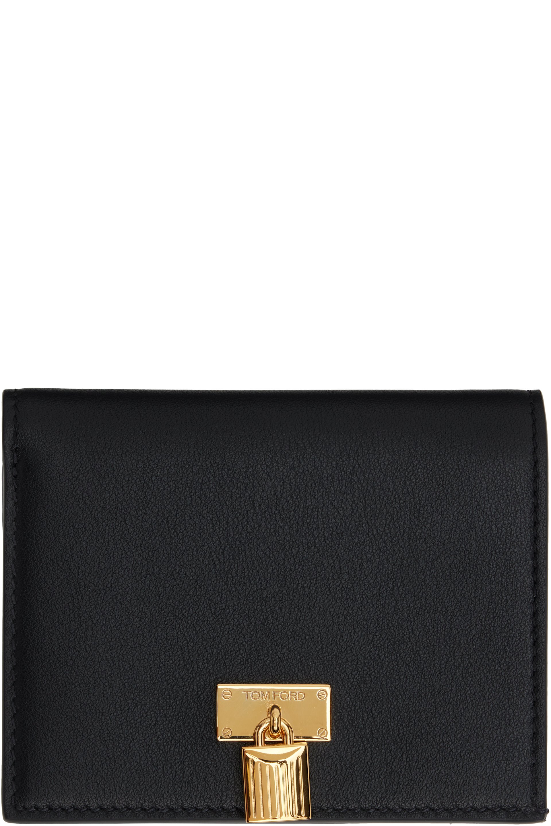 TOM FORD - Portefeuille compact noir en cuir grainé à cadenas