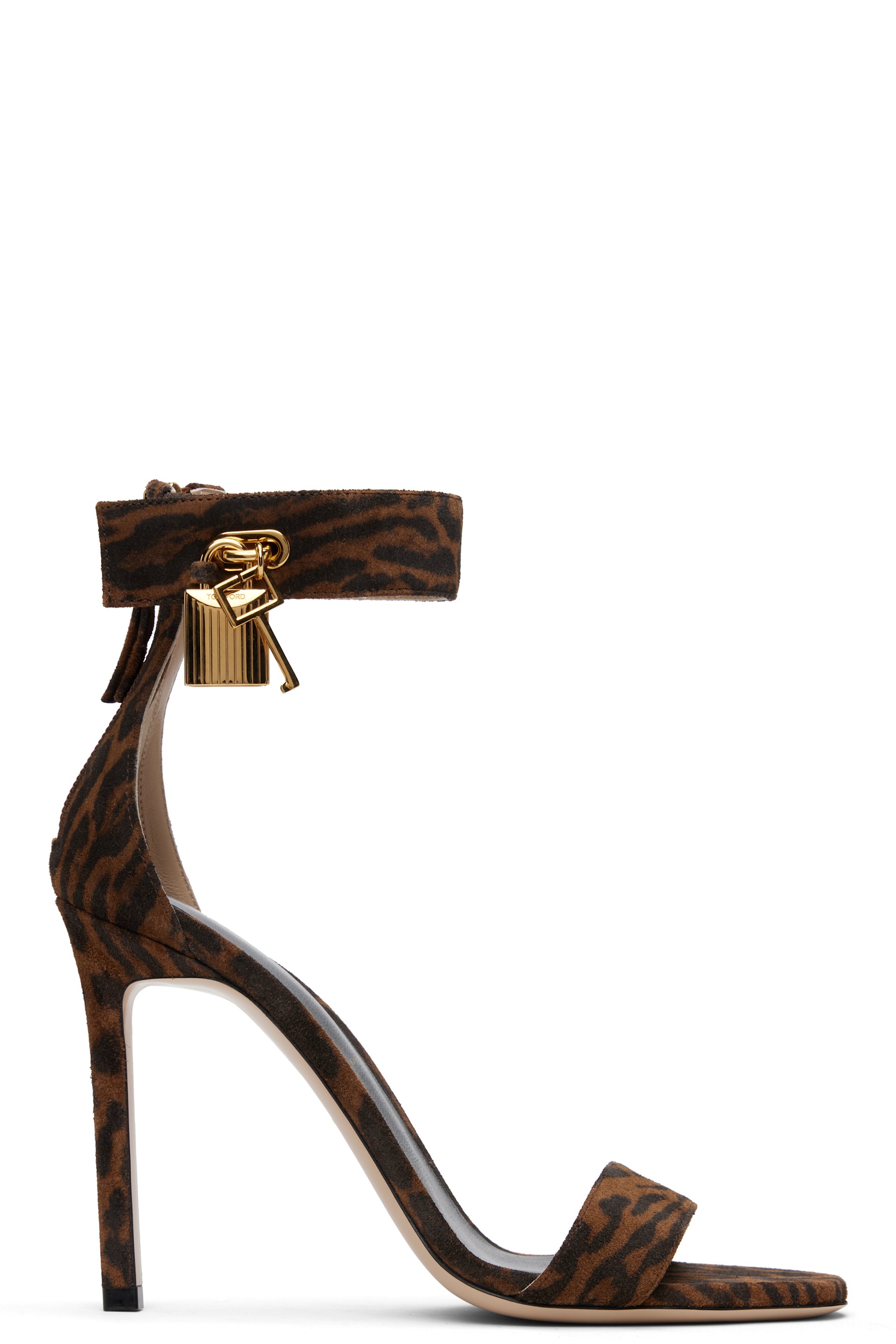 TOM FORD - Sandales à talon brunes en suède à cadenas et à imprimé léopard