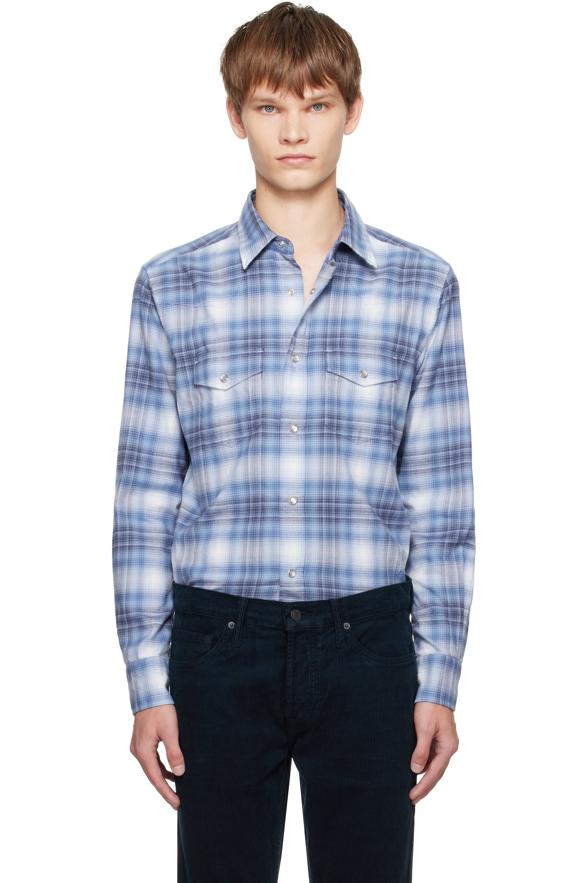 Tom Ford◆ブルーチェックシャツ TOM FORD: Blue Check Western Shirt | SSENSE