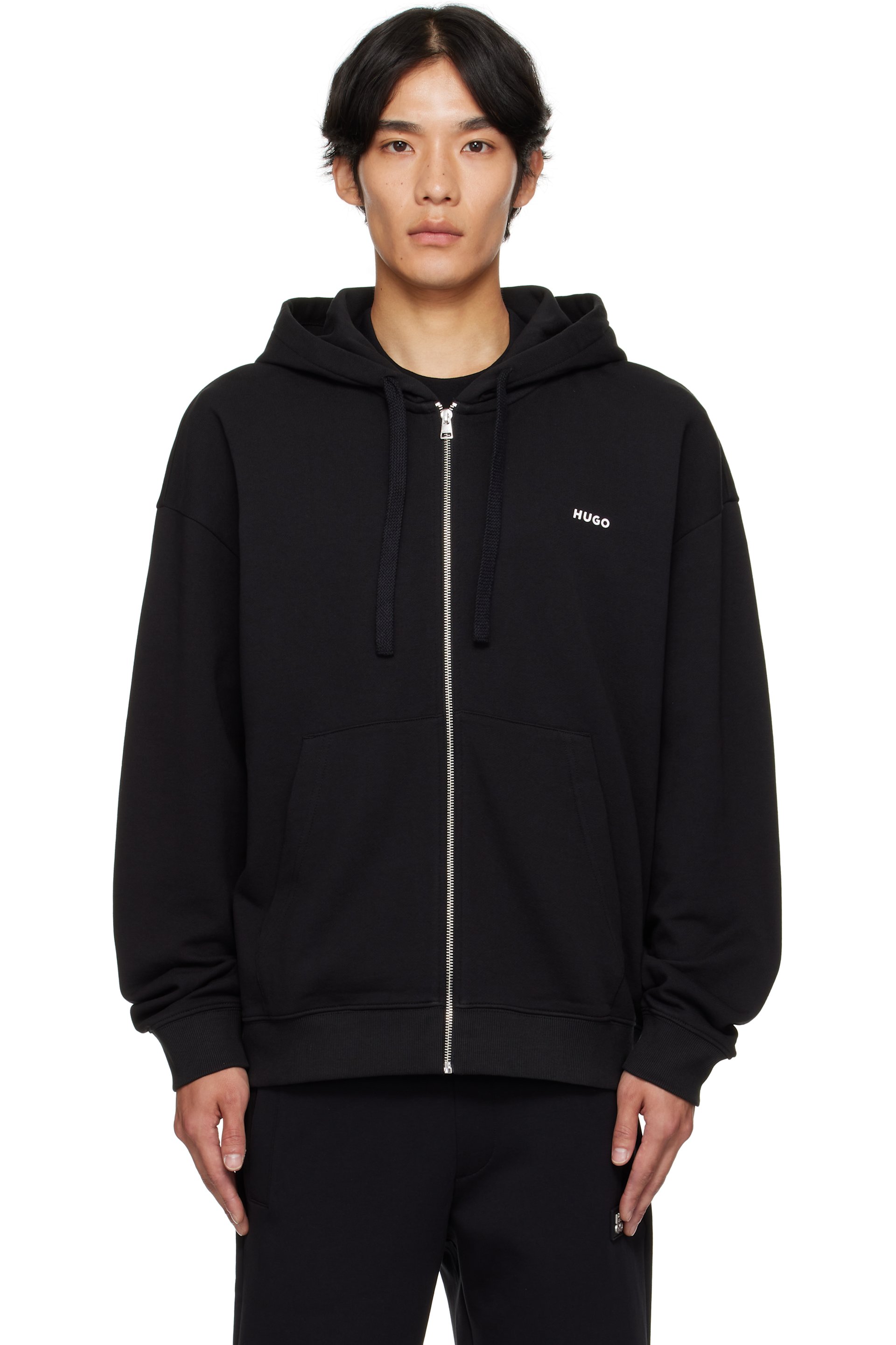 Hugo - Pull à capuche décontracté noir en jersey bouclette de coton à glissière