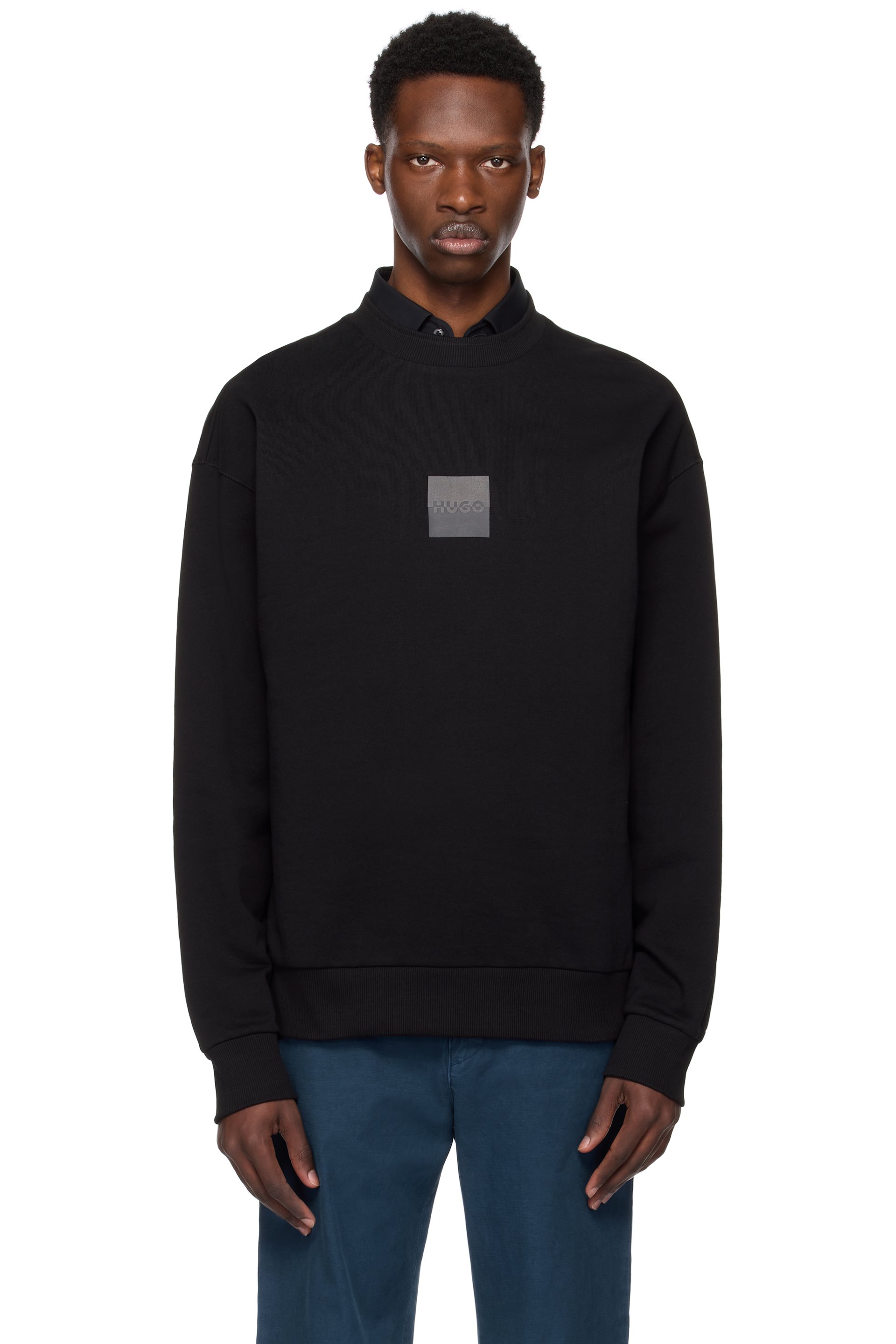 Hugo - Pull molletonné noir en jersey bouclette de coton à logo divisé