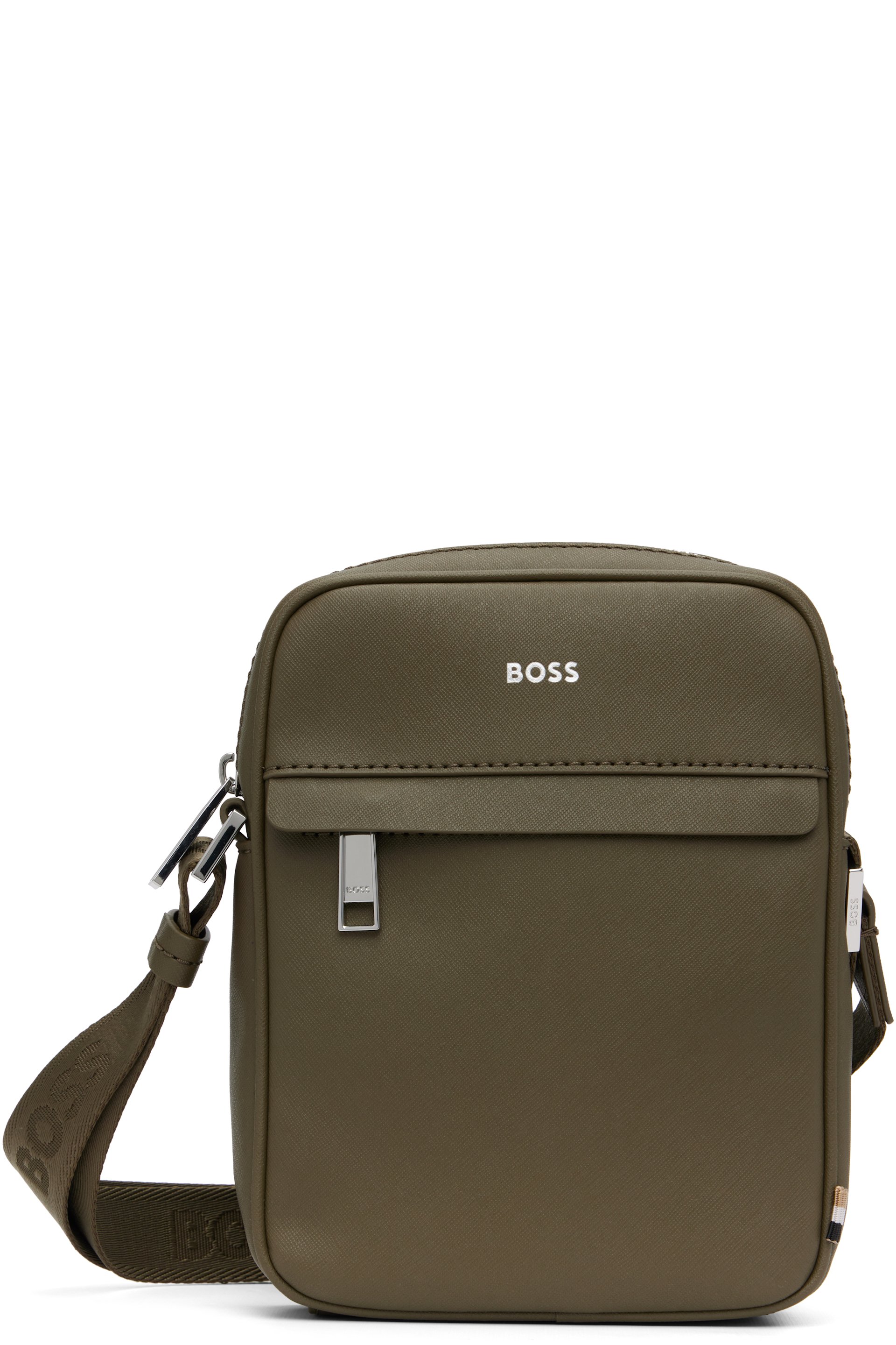 BOSS - Khaki Signature Stripe Logo Detail Reporter Bag