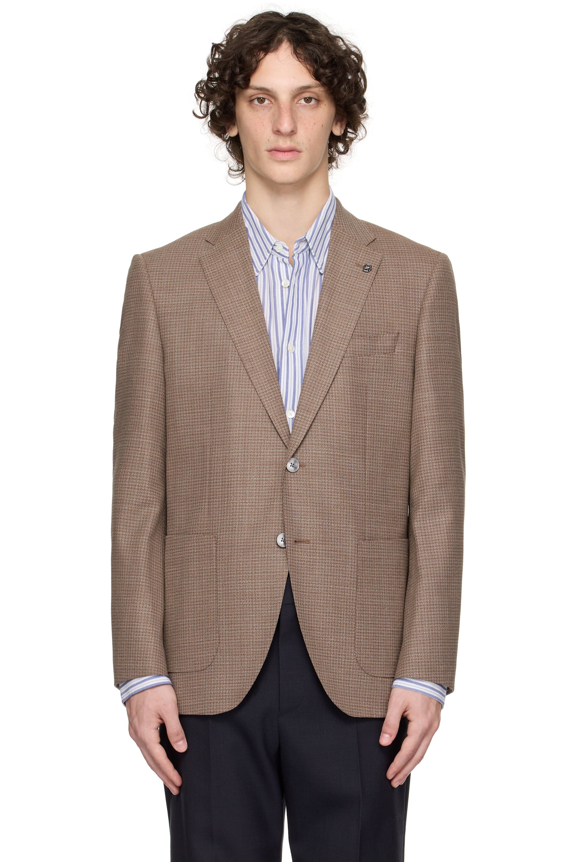 BOSS - Brown Regular-Fit Patterned Wool Blend Blazer