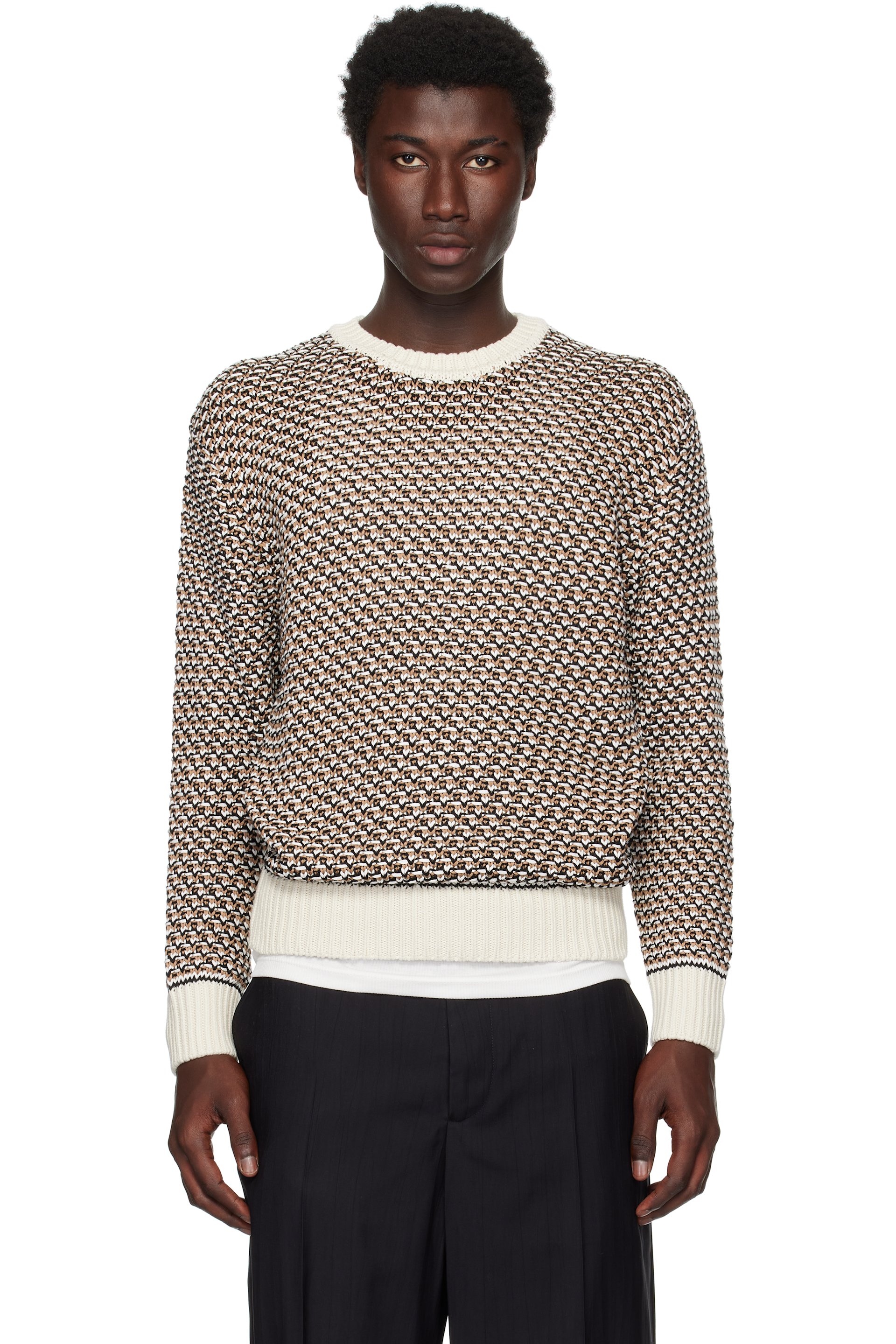 Boss - Pull beige en tricot texturé de coton