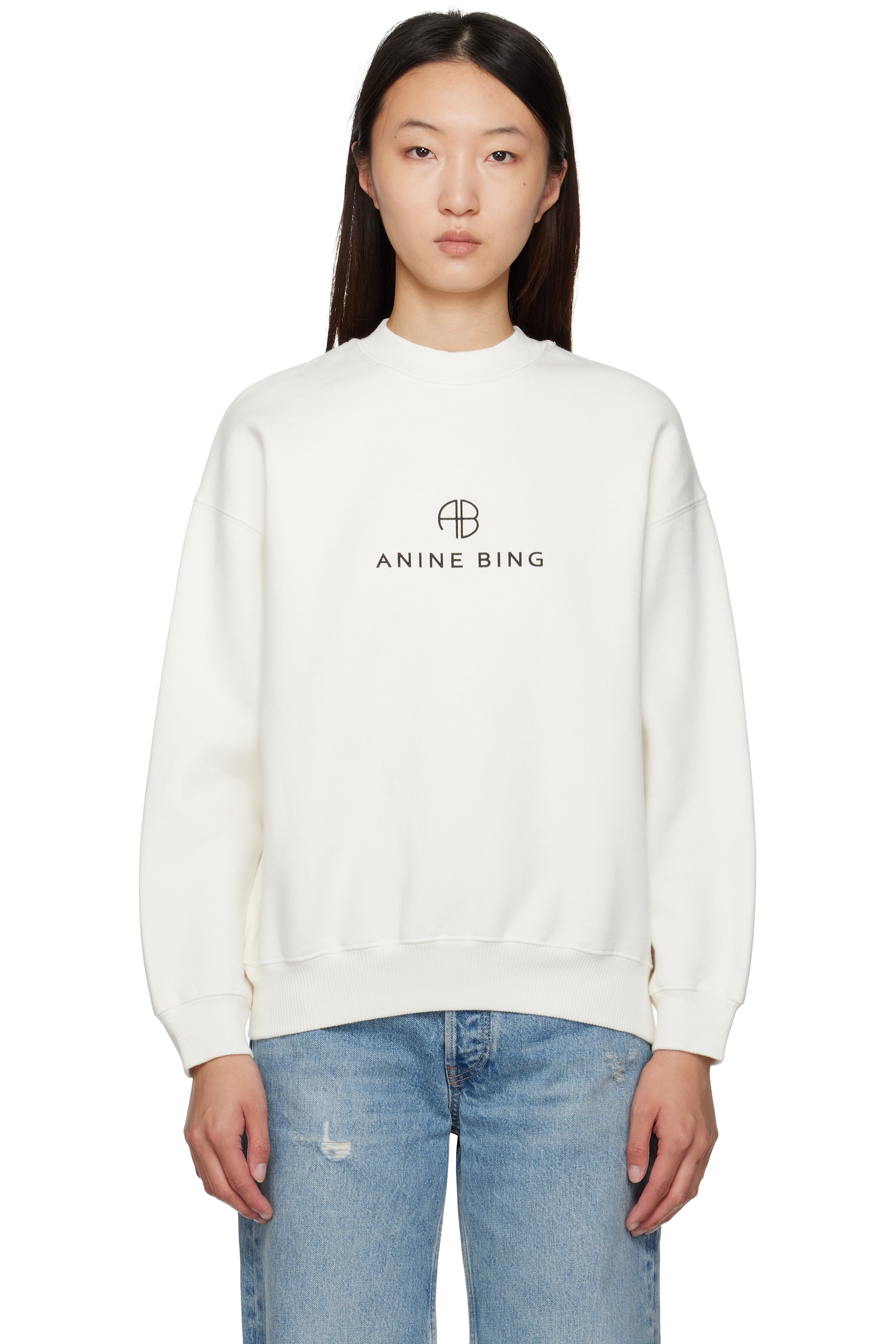 ANINE BING - Pull molletonné Jaci blanc cassé à monogramme