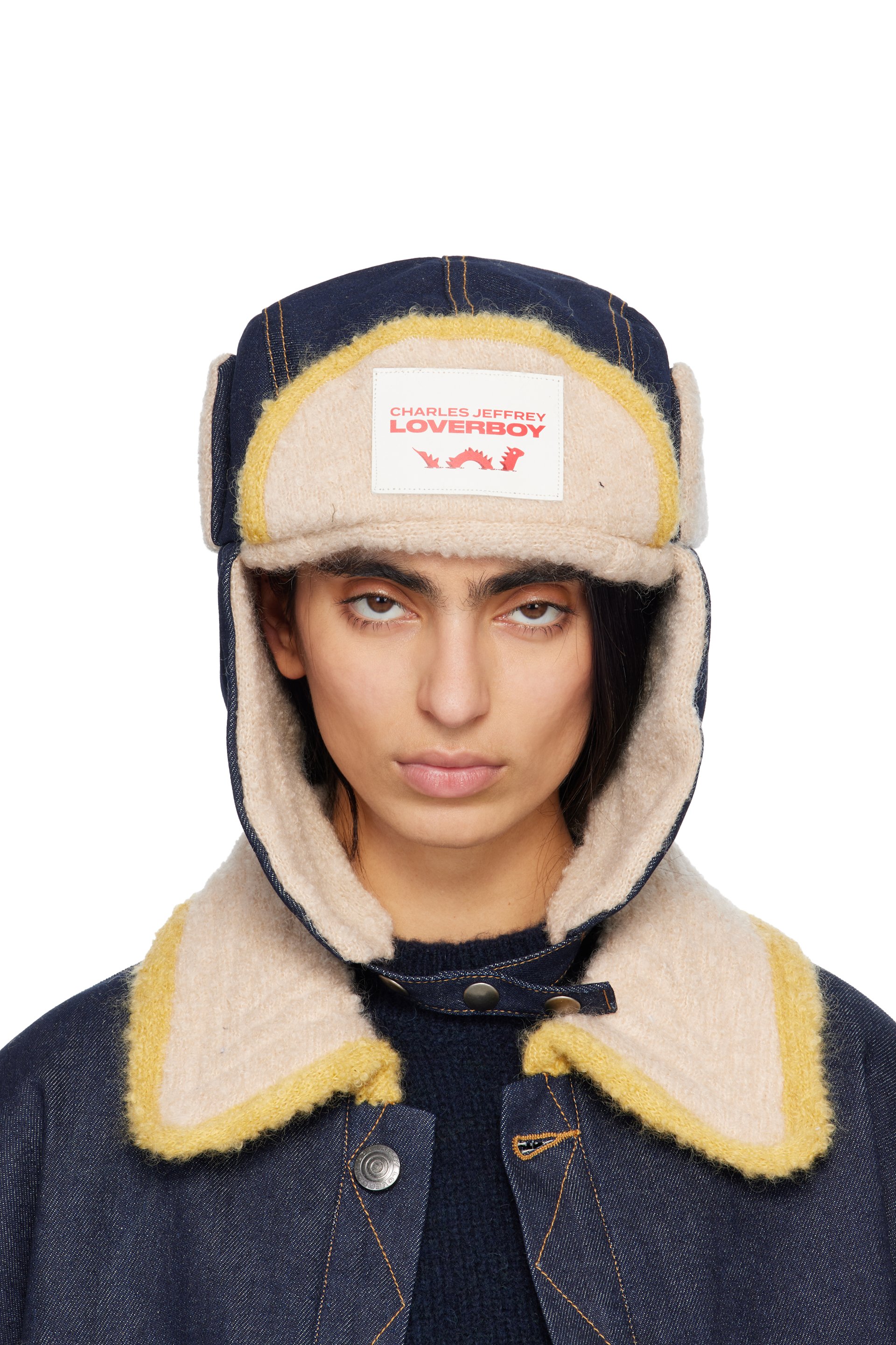 Charles Jeffrey LOVERBOY - ネイビー＆ベージュ ニットパッチ トラッパ― ハット
