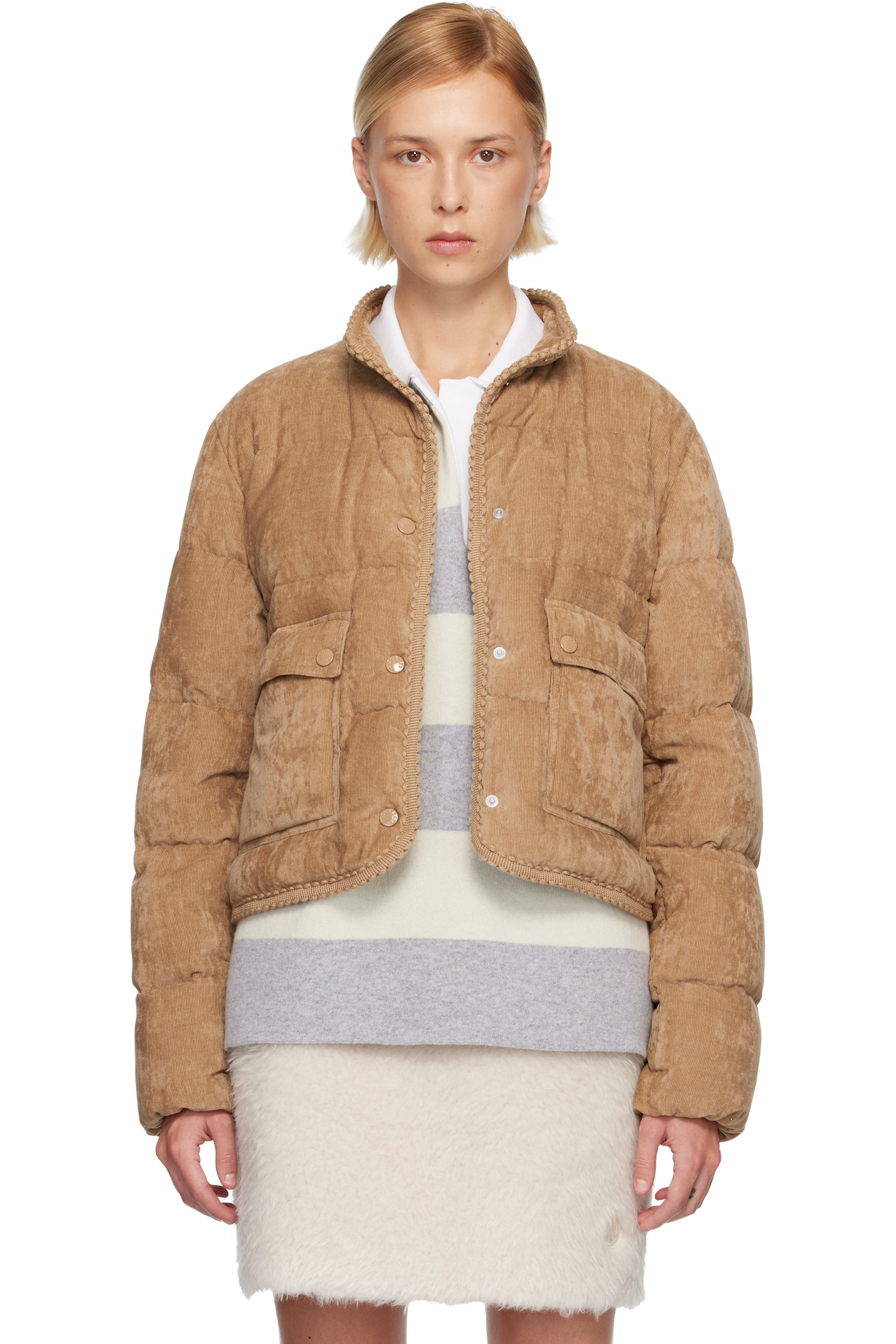 Moncler - Blouson brun clair en velours côtelé à garniture tressée