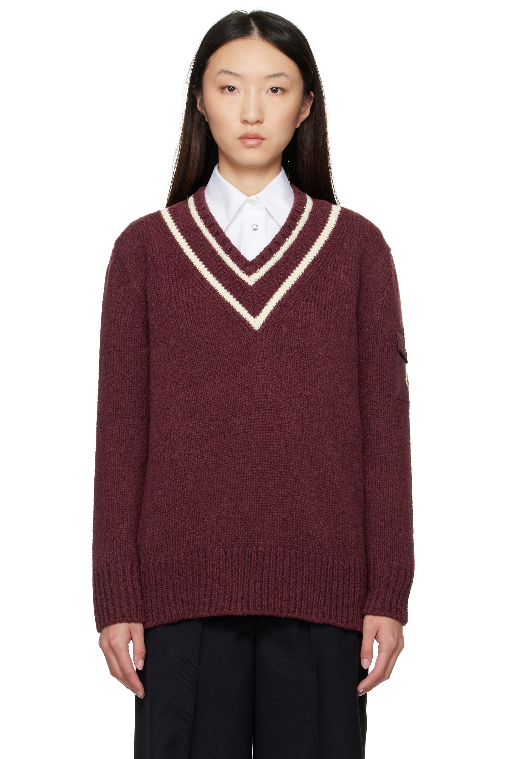 Moncler - Pull bourgogne à col en V et à poche rembourrée