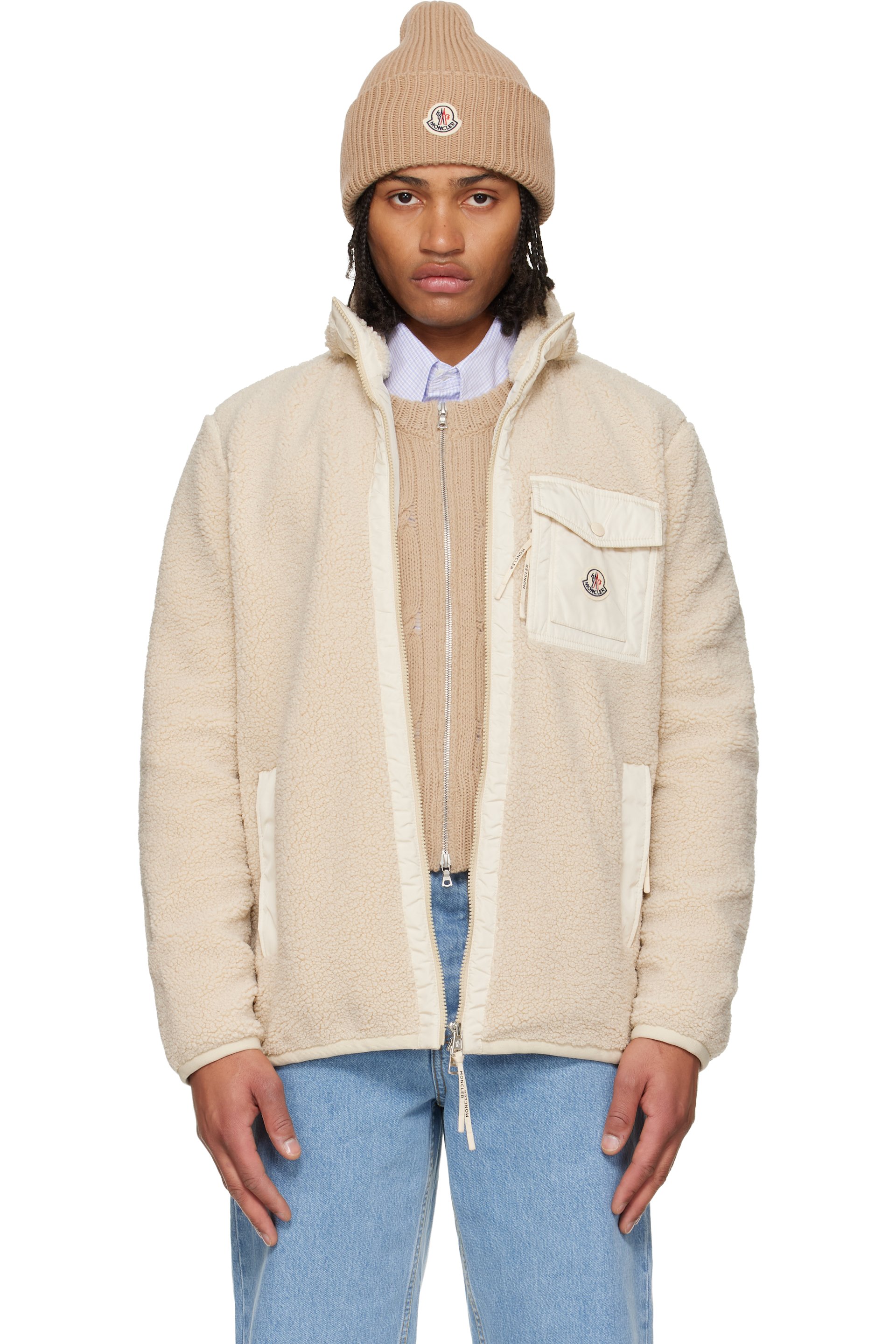 Moncler: Beige Teddy Zip-Up Pocket Jacket | SSENSE