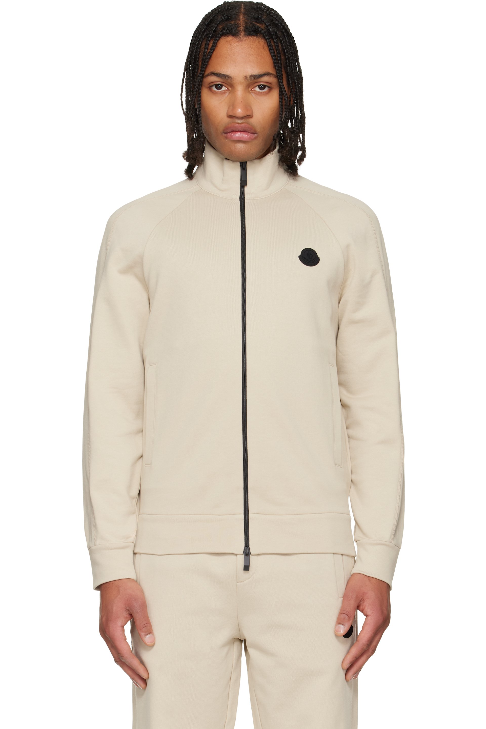 Moncler - Blouson de survêtement beige en coton à glissière