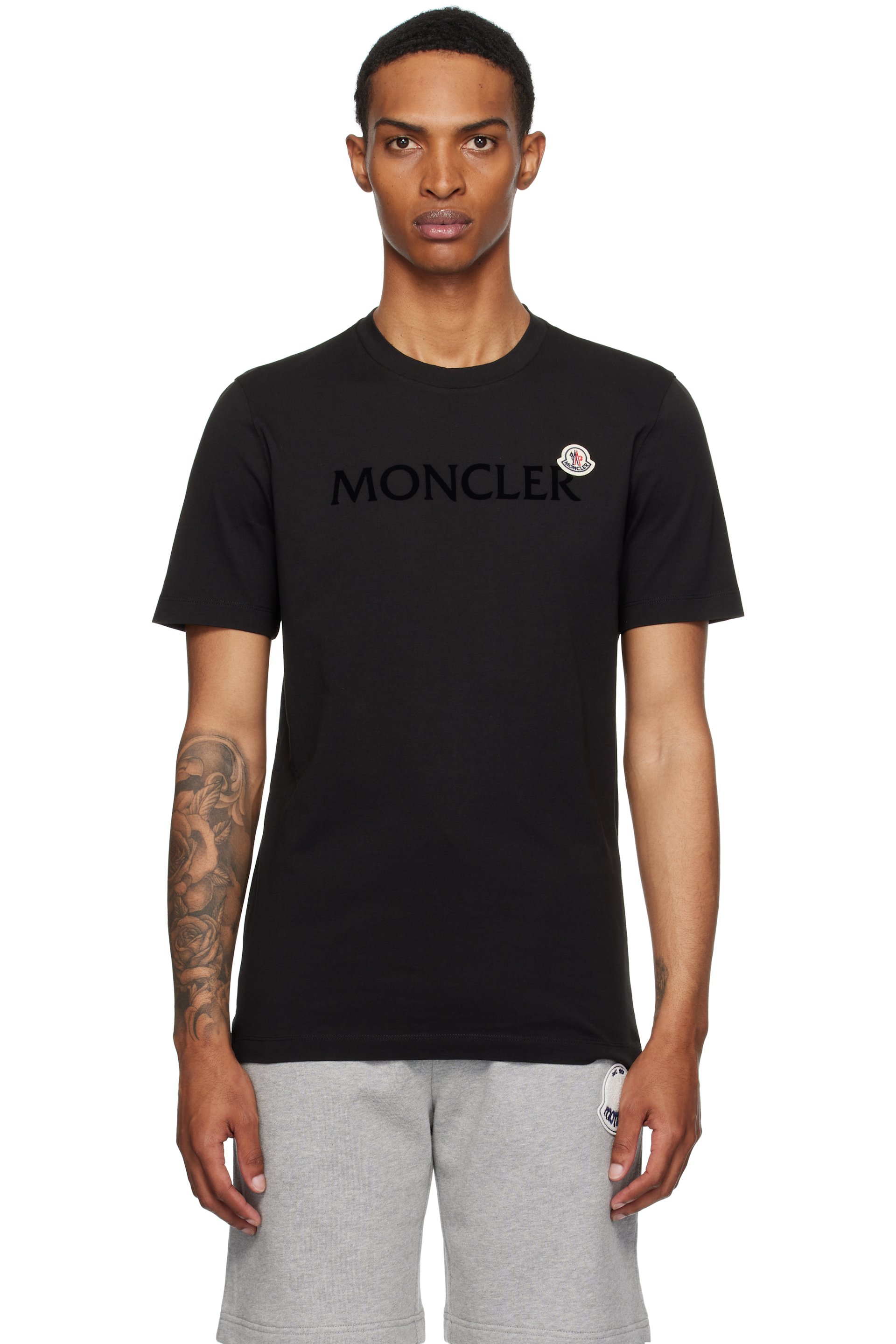 Moncler - ブラック フロックロゴ コットン Tシャツ