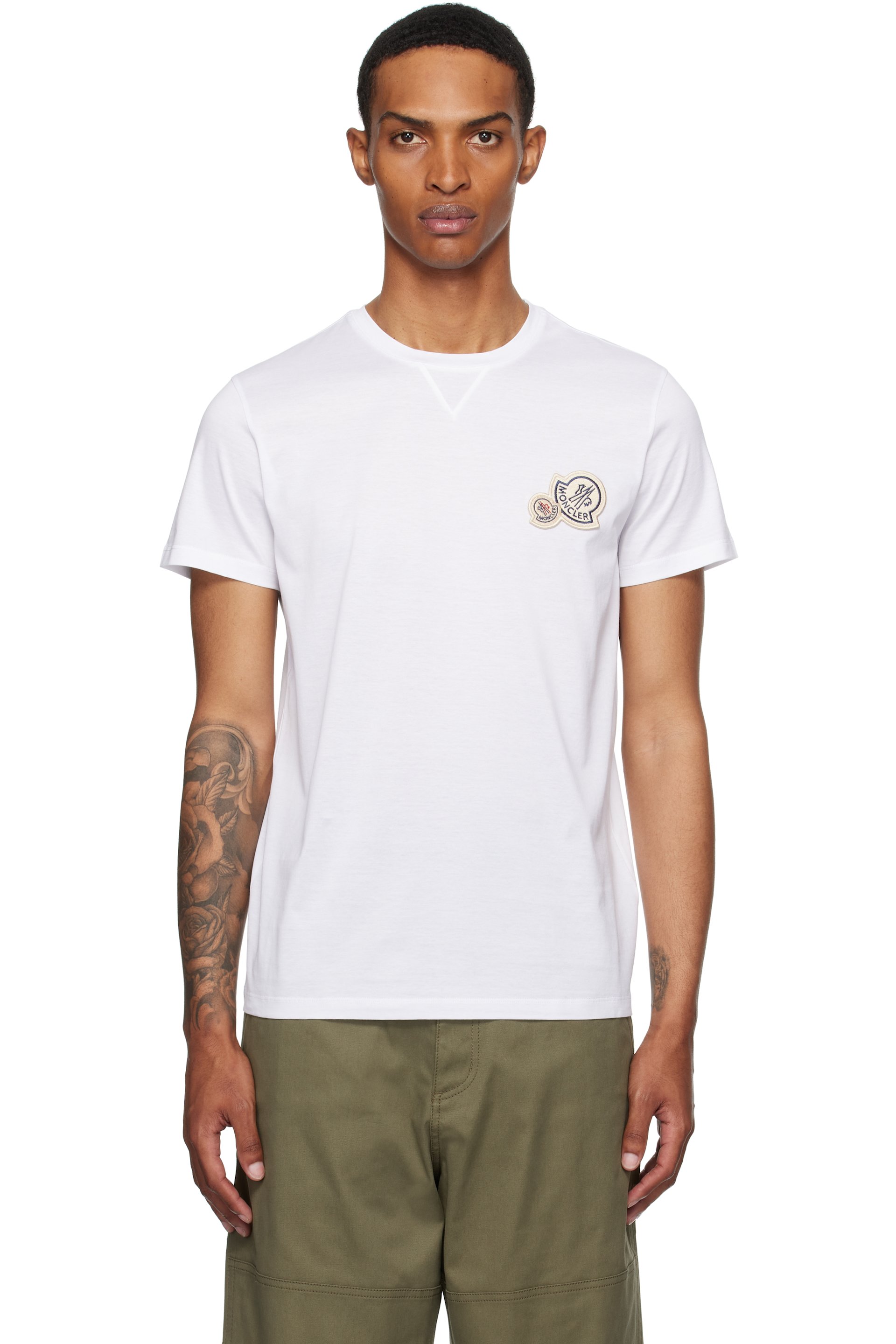 Moncler - ホワイト ダブル ロゴパッチ コットン Tシャツ