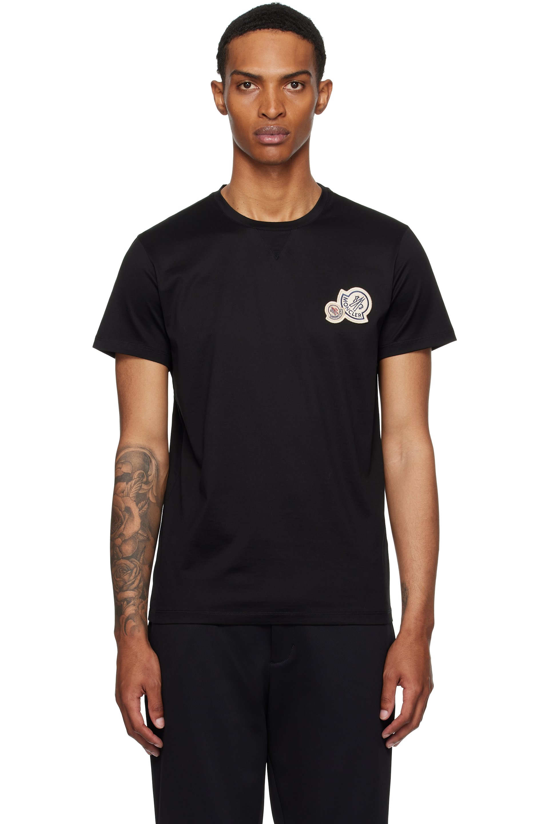 Moncler: Black Double Logo Patch Cotton T-shirt | SSENSE