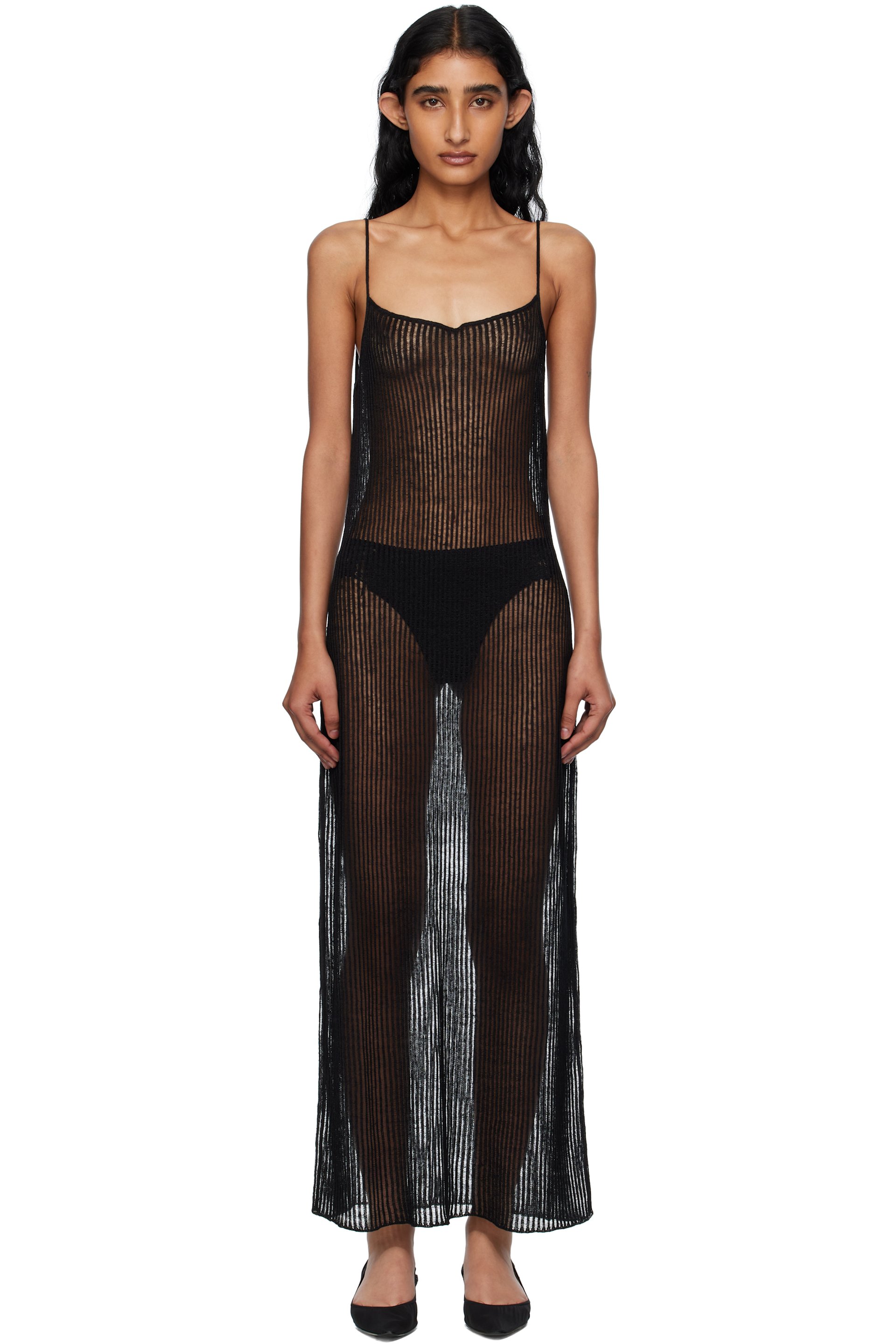 The Frankie Shop - Robe longue Sienna noire en tricot côtelé semi-transparent