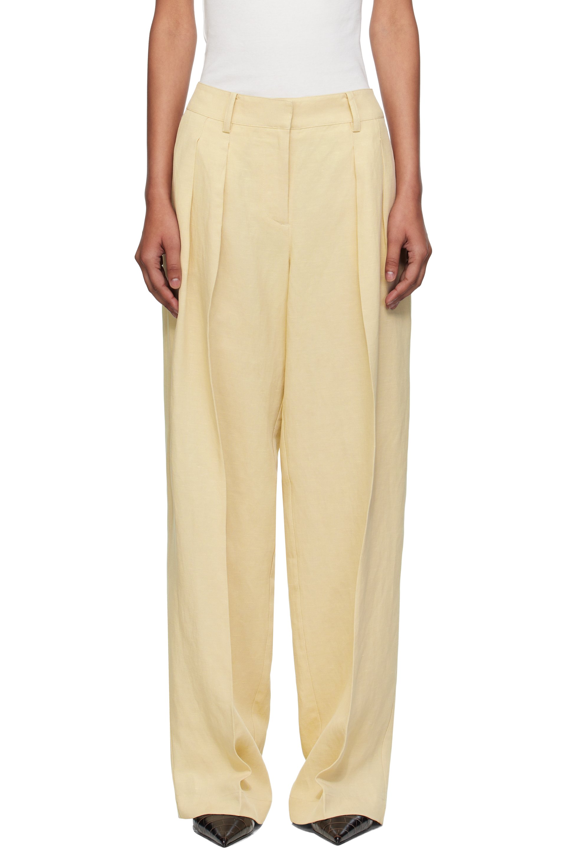 The Frankie Shop - Pantalon Daytona beige en lin à plis