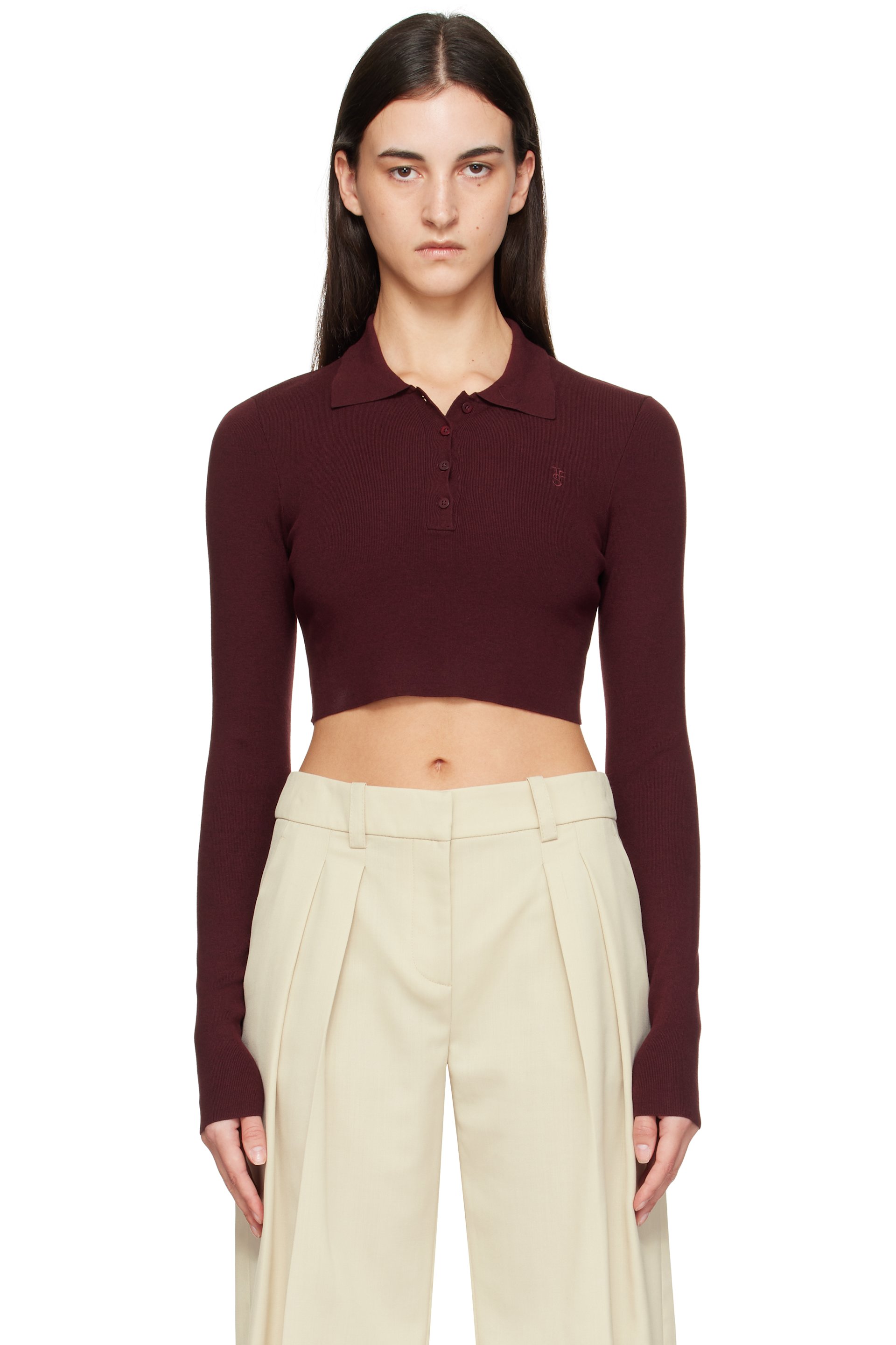The Frankie Shop - Polo écourté Giselle bourgogne en tricot