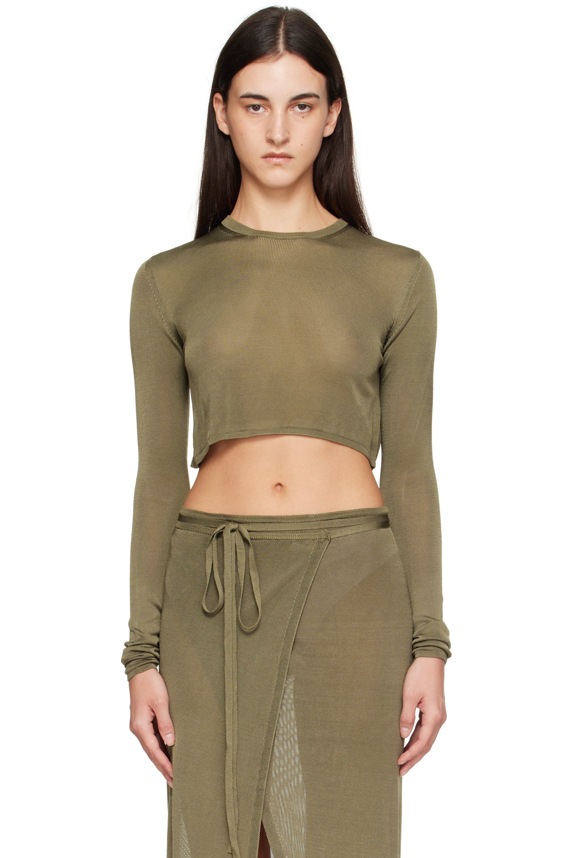The Frankie Shop - T-shirt écourté Kazel kaki en tricot semi-transparent